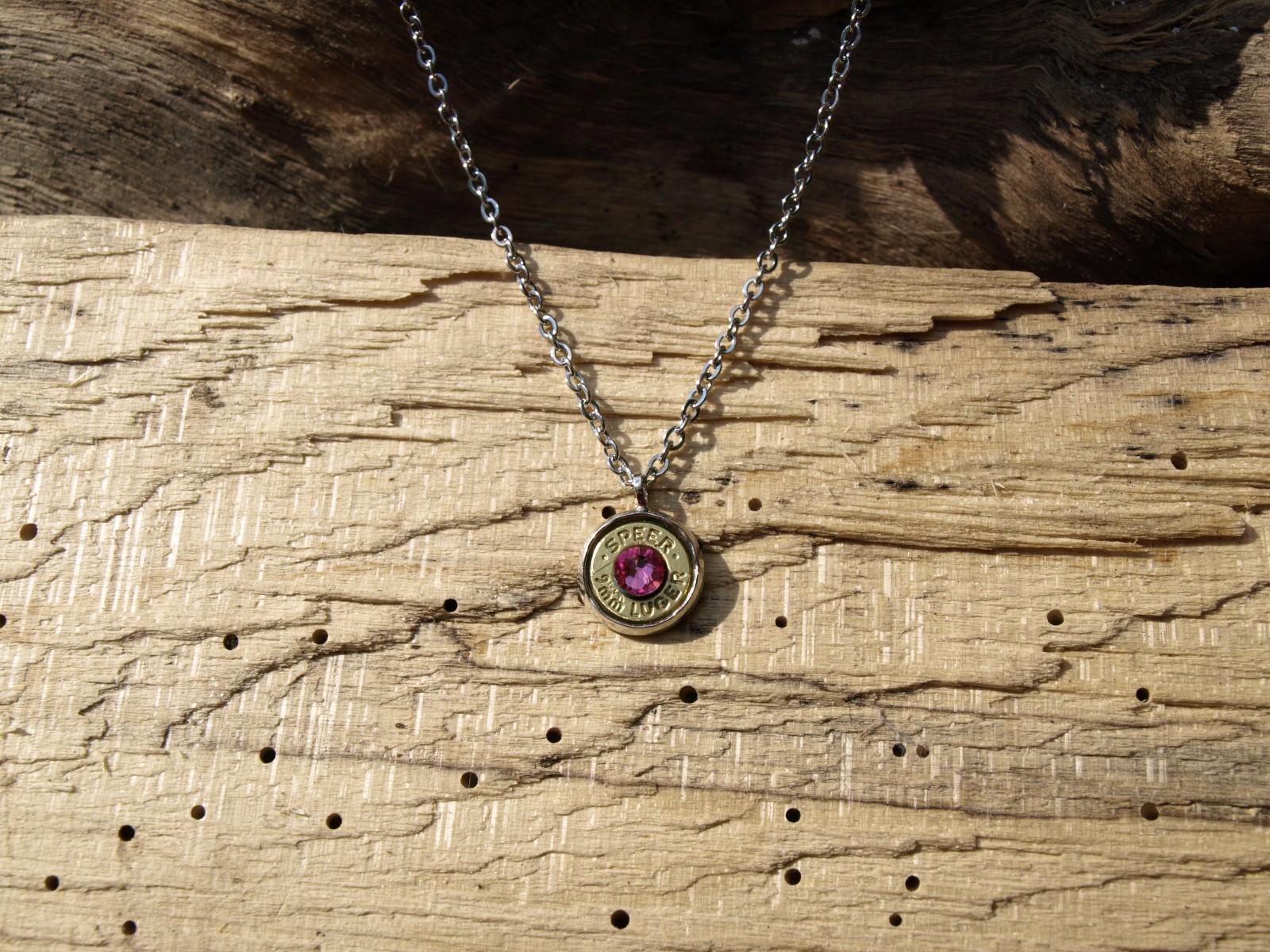 Handmade 9mm Bullet Necklace. Optional Glass Crystal