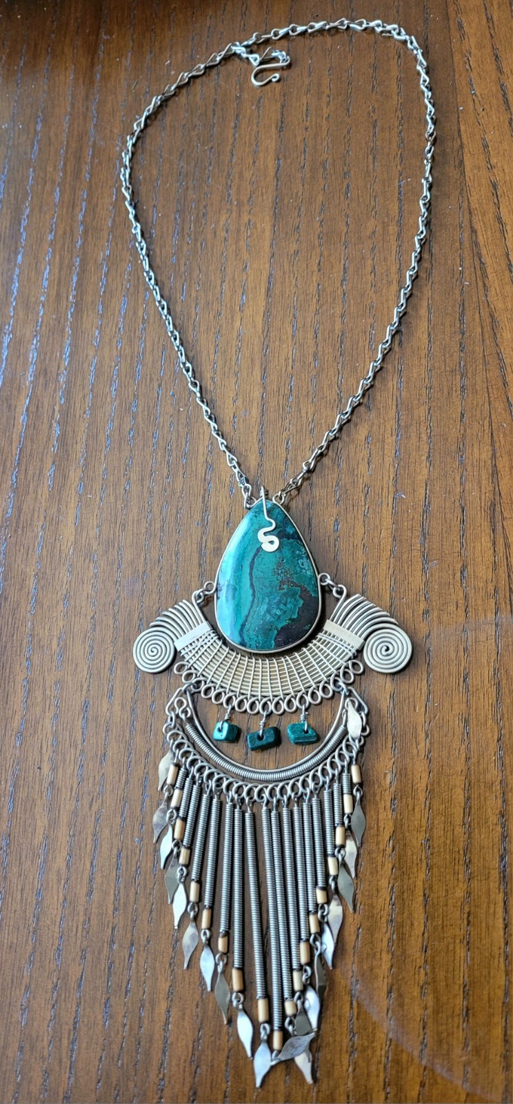 Chrysacolla Peruvian Silver Toned Statement Necklace Green Teardrop Pendant Hook