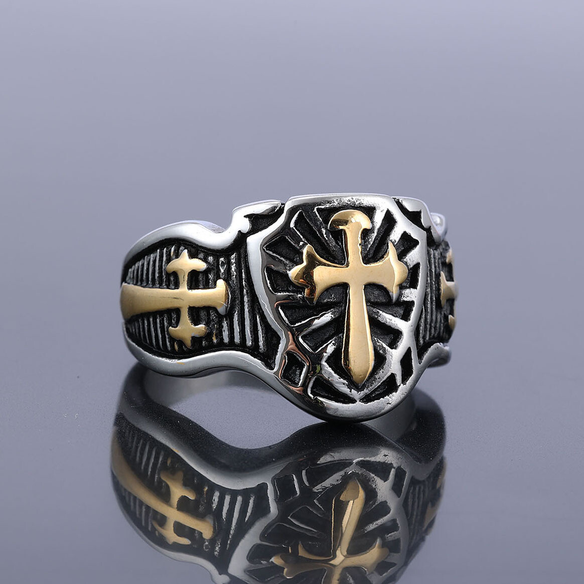 Cross Religious Ring Shield Men’s Ring Personality Punk Trend Gold Silver