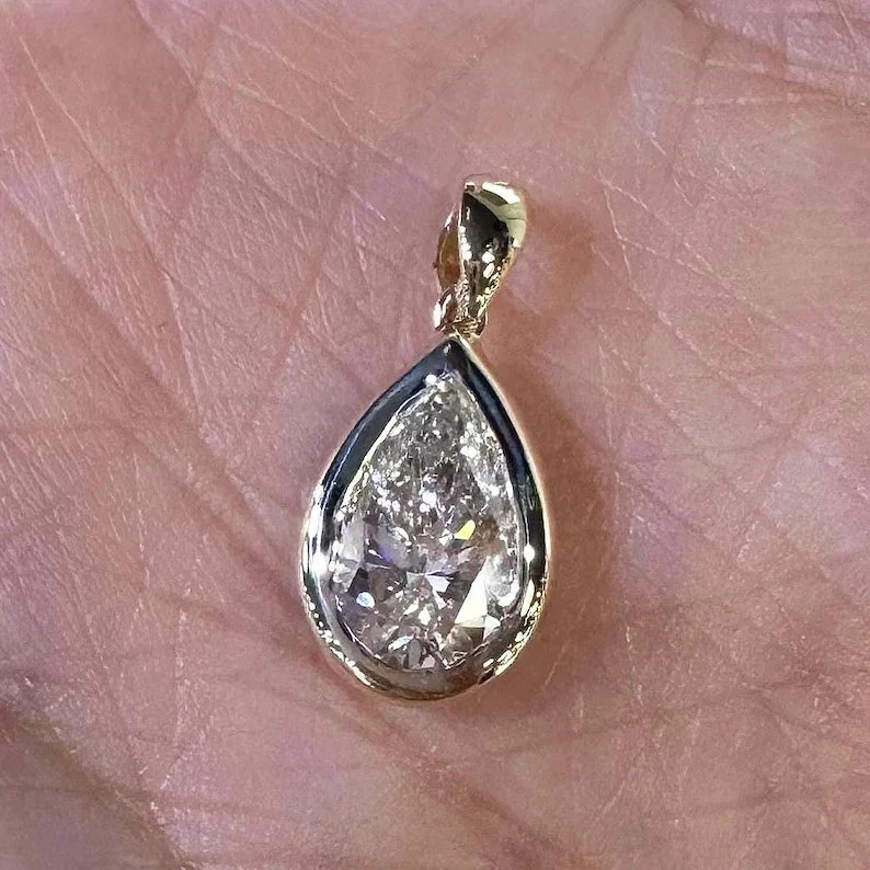 2Ct Pear-Cut Moissanite Bezel Women’s Pendant Necklace 14k White Gold Plated