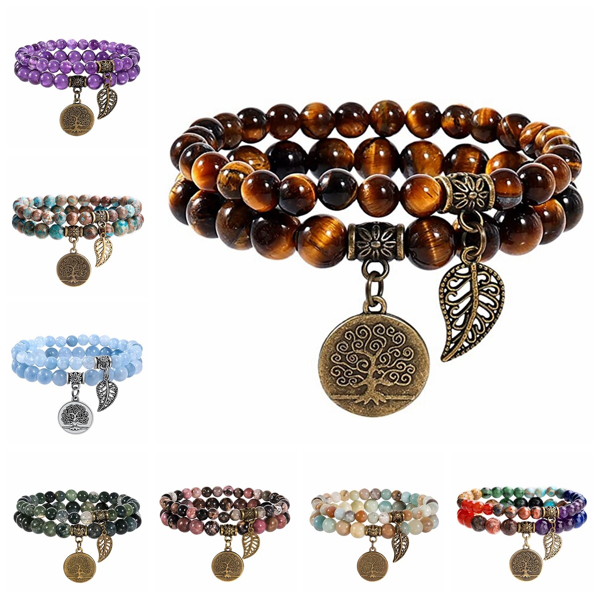 2Pcs Tiger Eye Beaded Bracelets Set Tree of Life Leaf Pendant Men Women Bangle