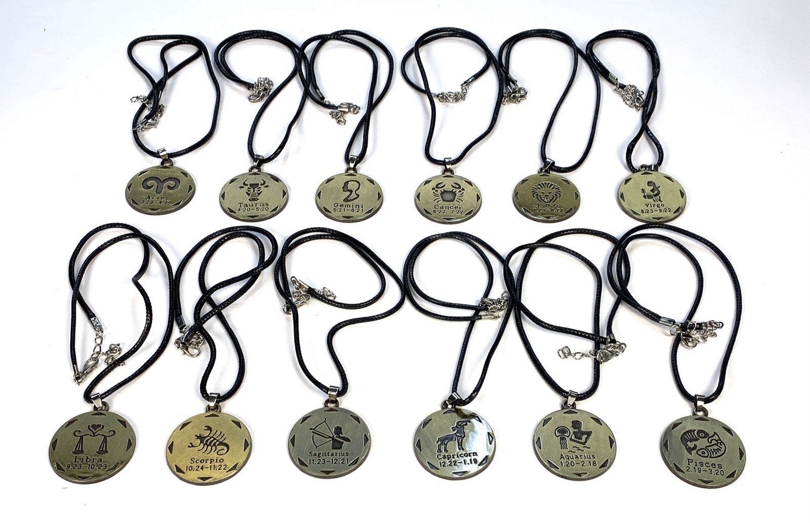 Astrology Horoscope Pendant & Necklace Sets Lot Of 12 Brass Color 18” Cord