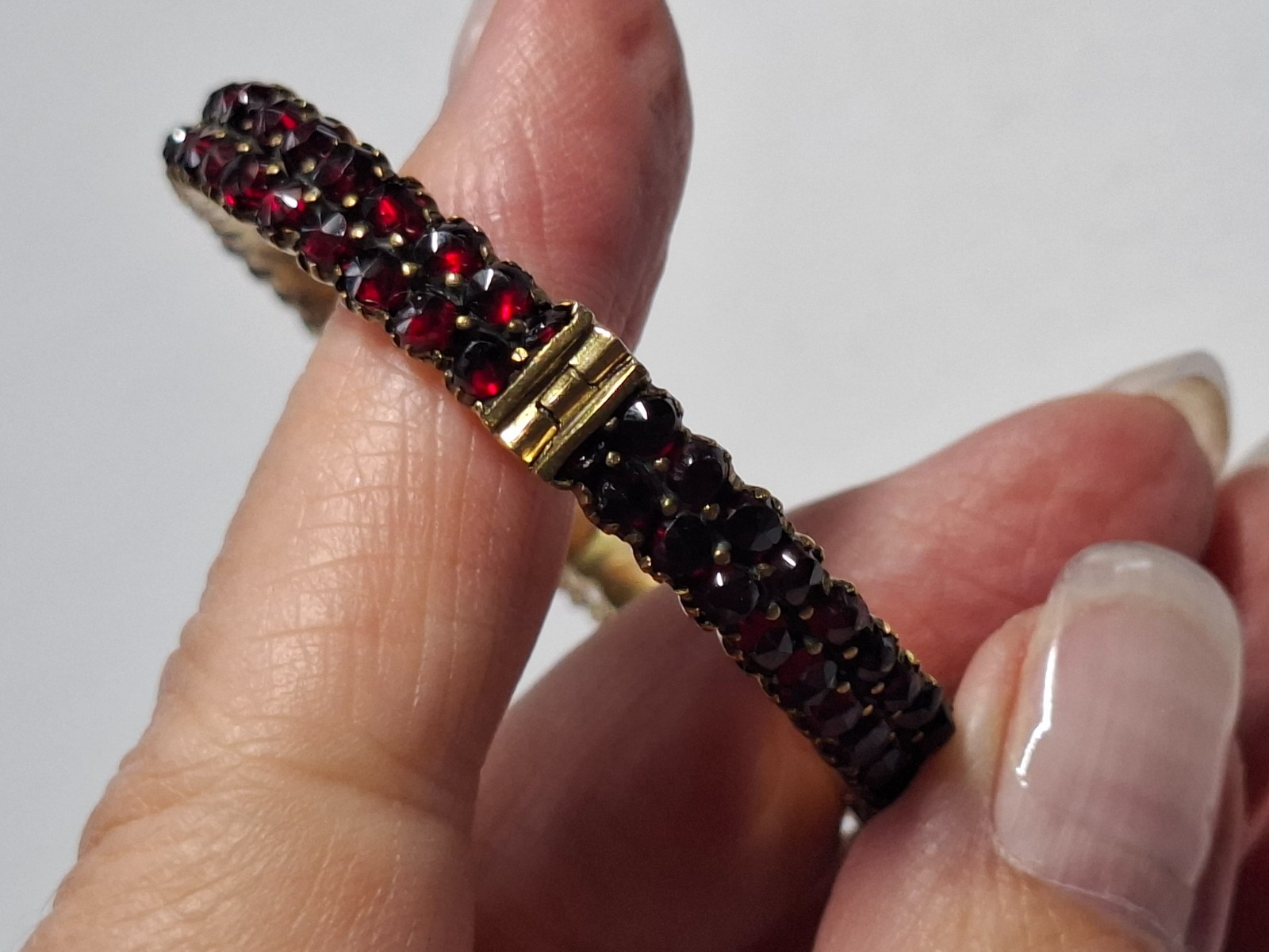 Solid Antique Gold Plated Bangle With Safety Clasp Red Garnets