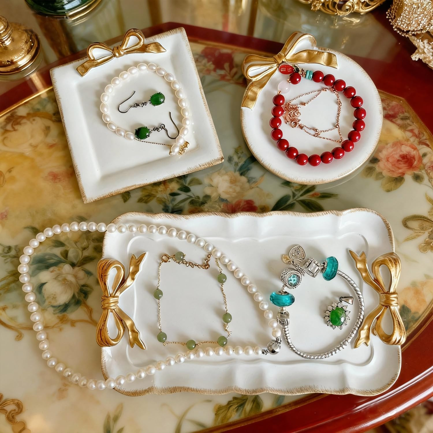 Vintage Resin Jewelry Tray Bow Decorative Storage Trinket Dish Tray for Rings