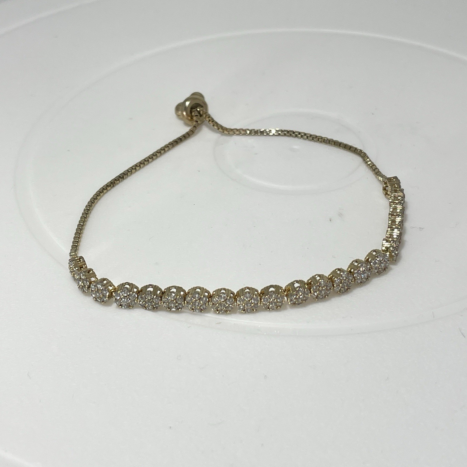 Gold Tone Adjustable Slider Bracelet Clear Rhinestone Cluster 9 Inch