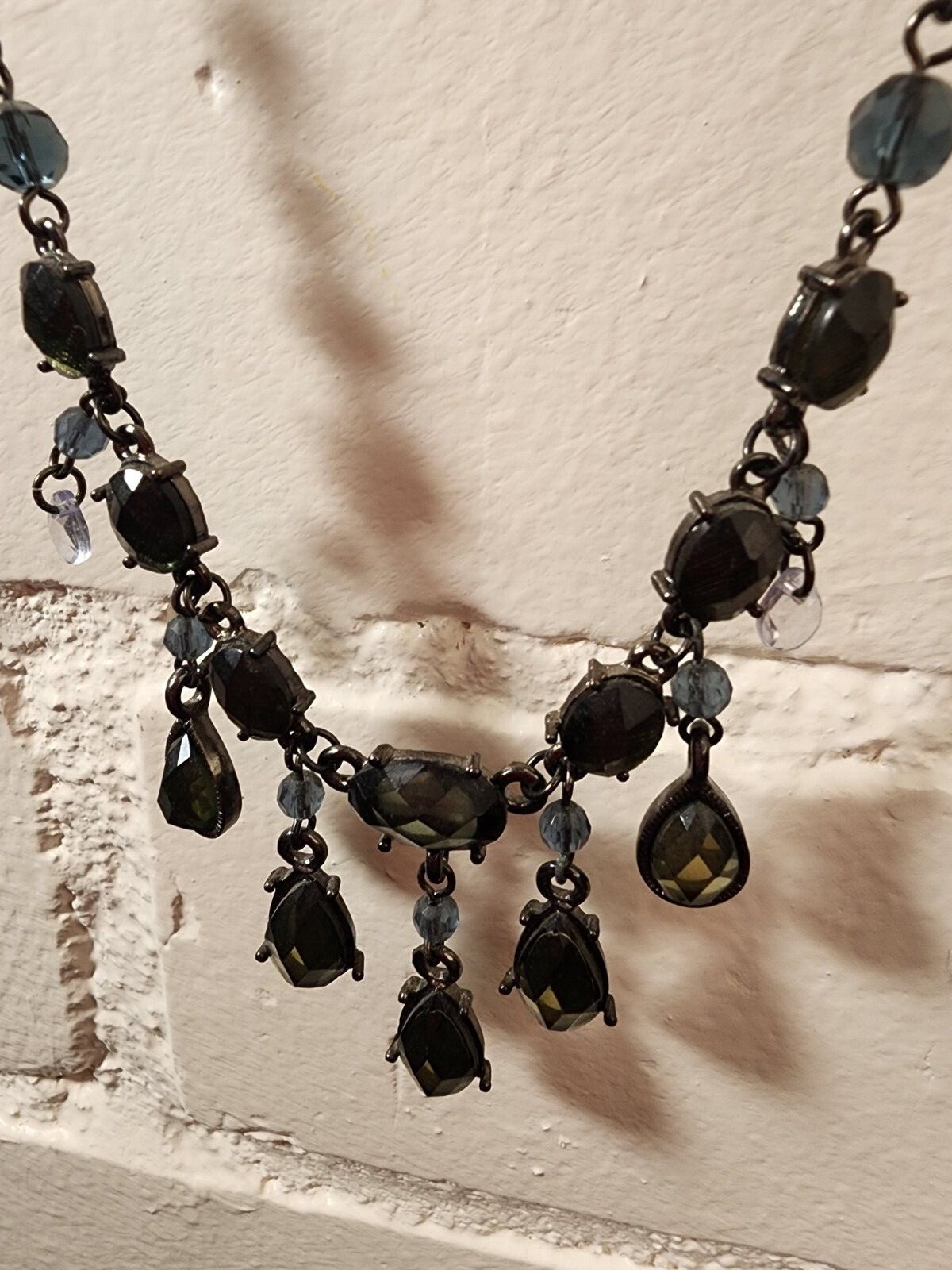 GOTH VICTORIAN NECKLACE GREEN & SLATE BLUE ANTIQUE PEWTER HALLOWEEN COSTUME