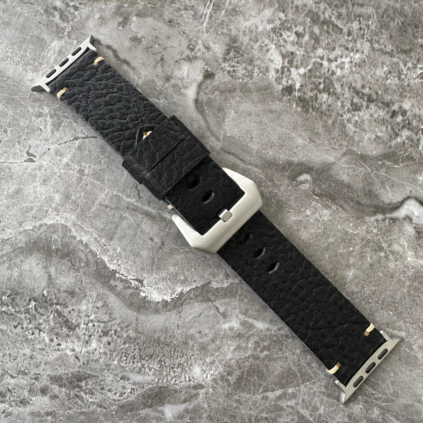 Thick Lychee Dark Black Leather Watch Strap Band For Apple Watch Ultra 1 2 49mm