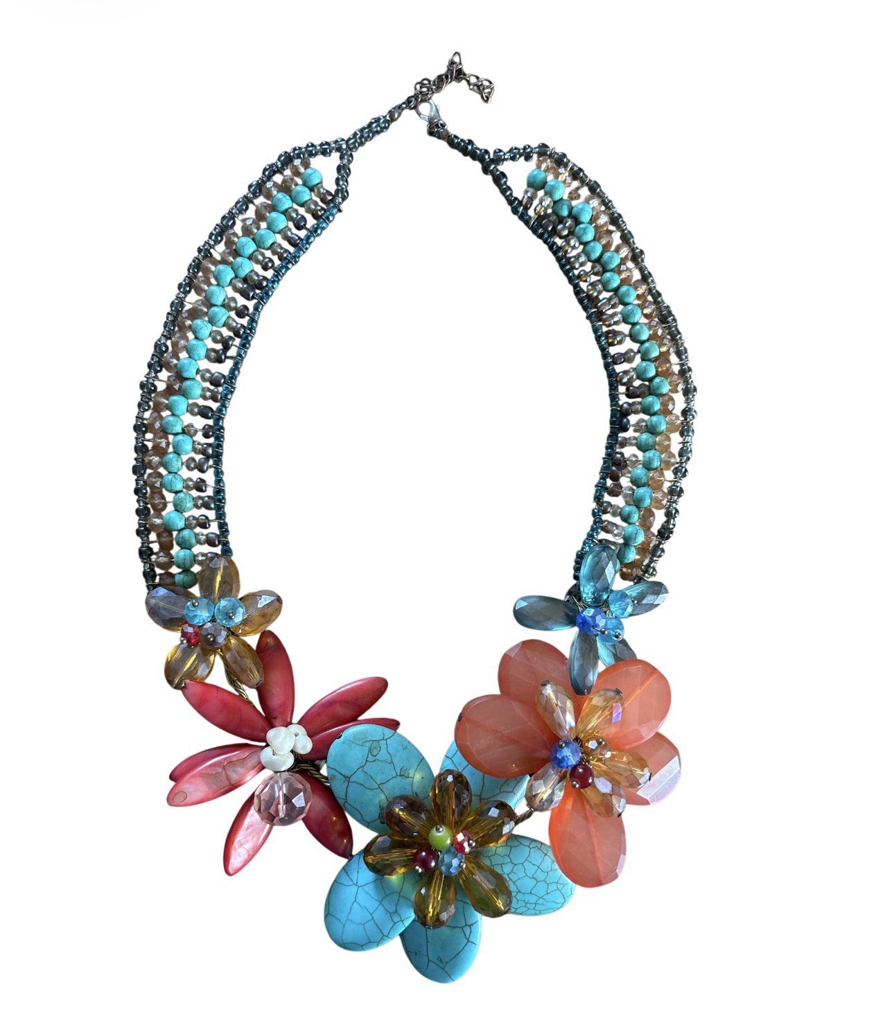 Vintage 2008 Boho Chunky MultiStrand Flower Statement Necklace Turquoise & Coral