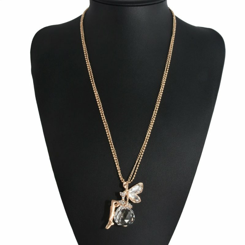Fashion Women Crystal Fairy Angel Wing Pendant Long Chain Sweater Necklace Gift