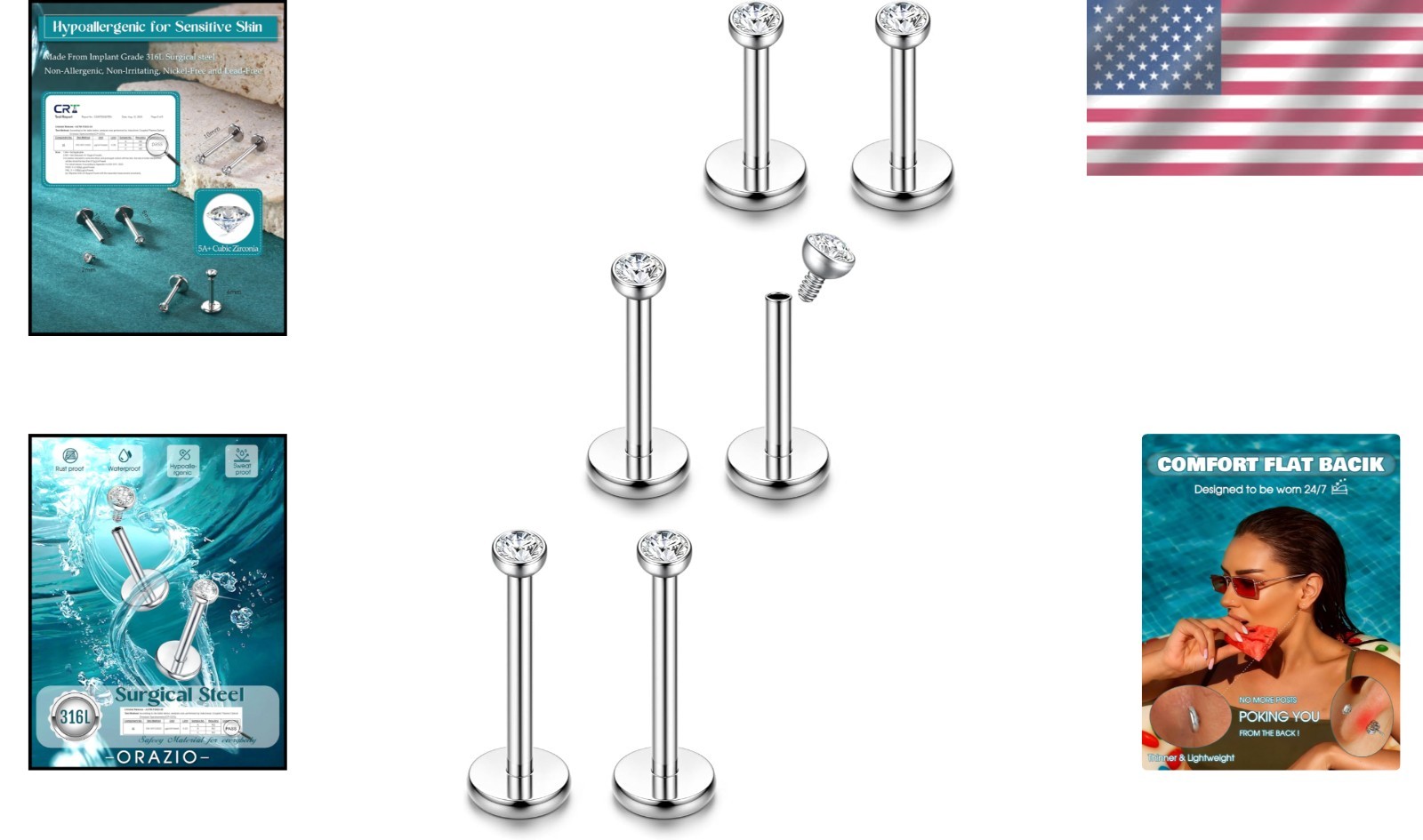Multi Use 14K Gold Stud Earrings for Cartilage Helix Tragus Lip Piercing Jewelry