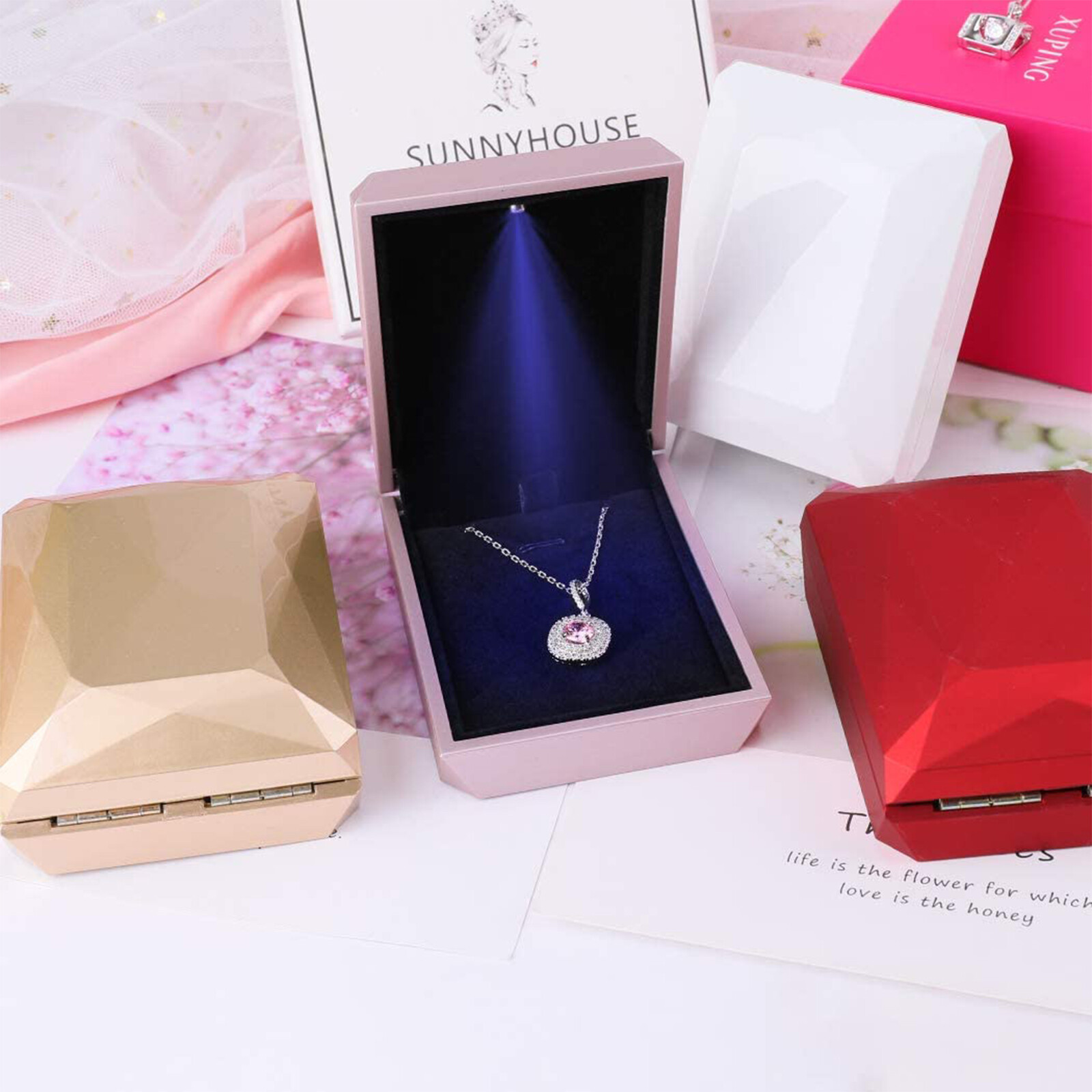 1/5/10x Necklace Pendant Box with LED Jewelry Storage Display Case for Wedding