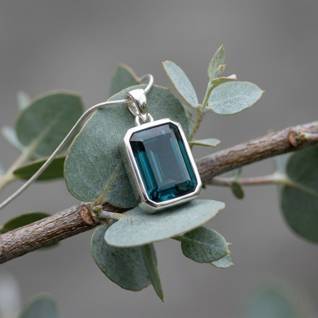 london Blue topaz octagon Silver Pendant. 925 sterling silver handmade