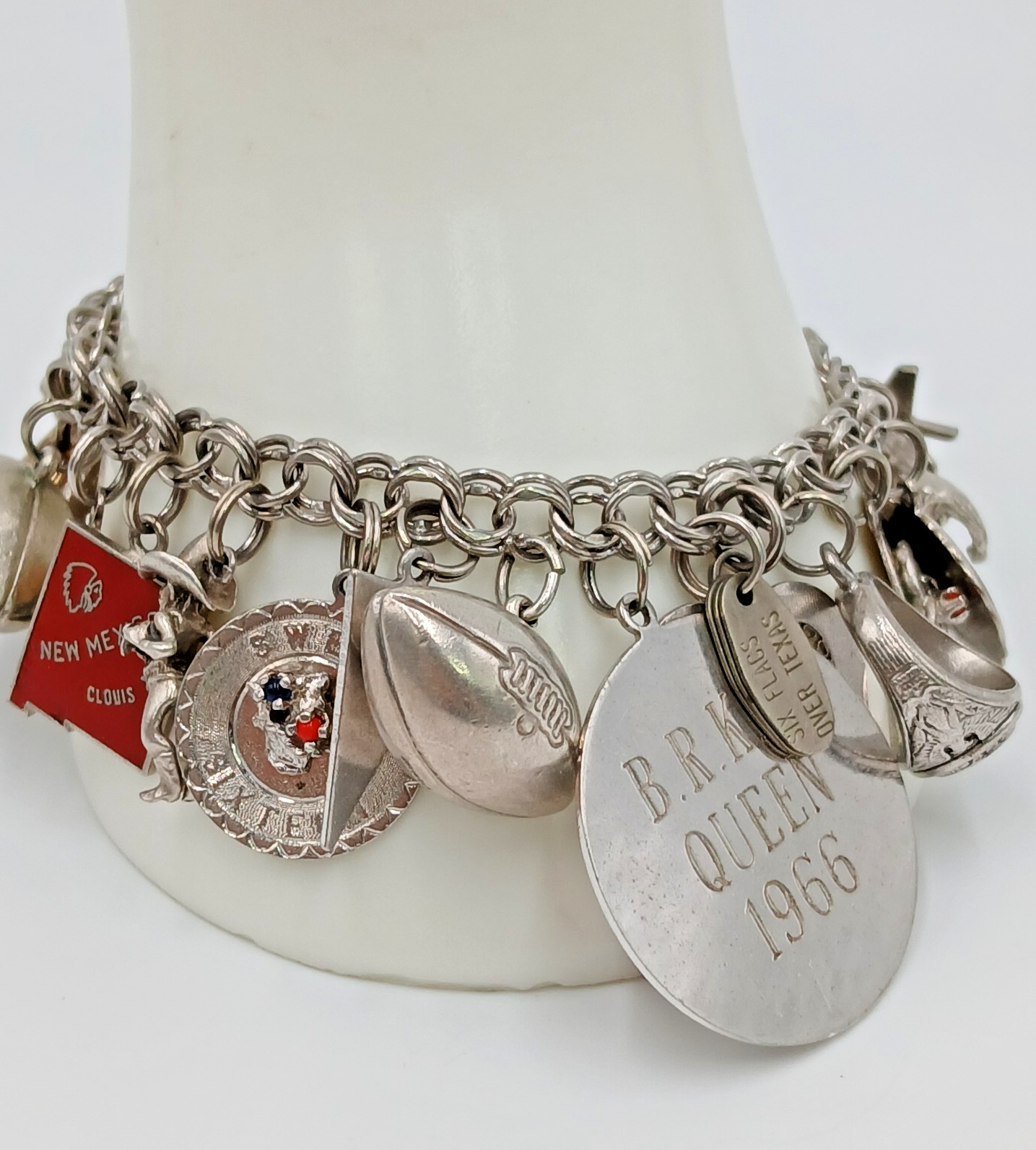 VTG 60s Charm Bracelet 8in Sterling Silver 70g JANE School Travel Faith South US