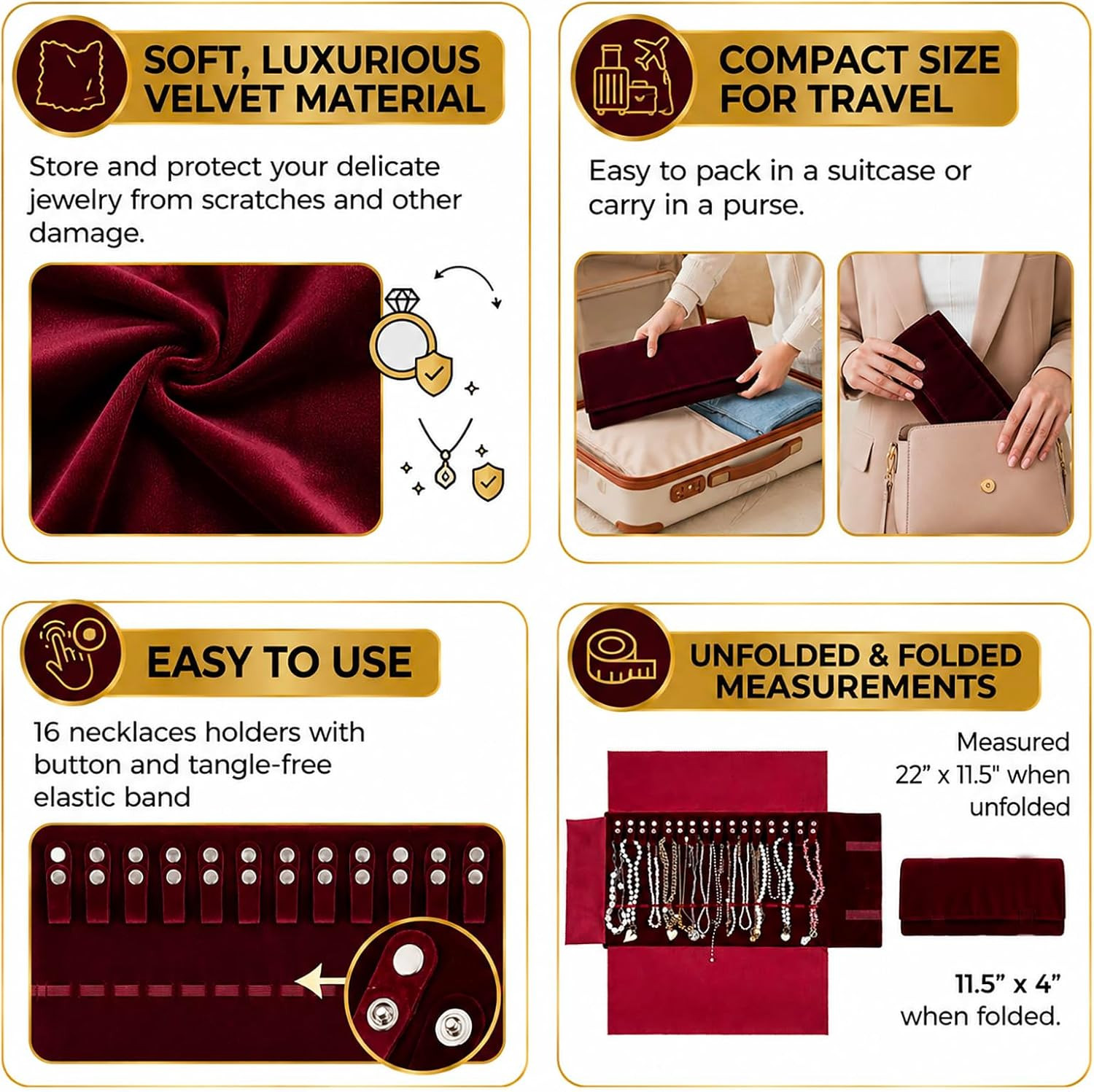 Velvet Travel Jewelry Roll Bag Organizer for Medium, Burgundy