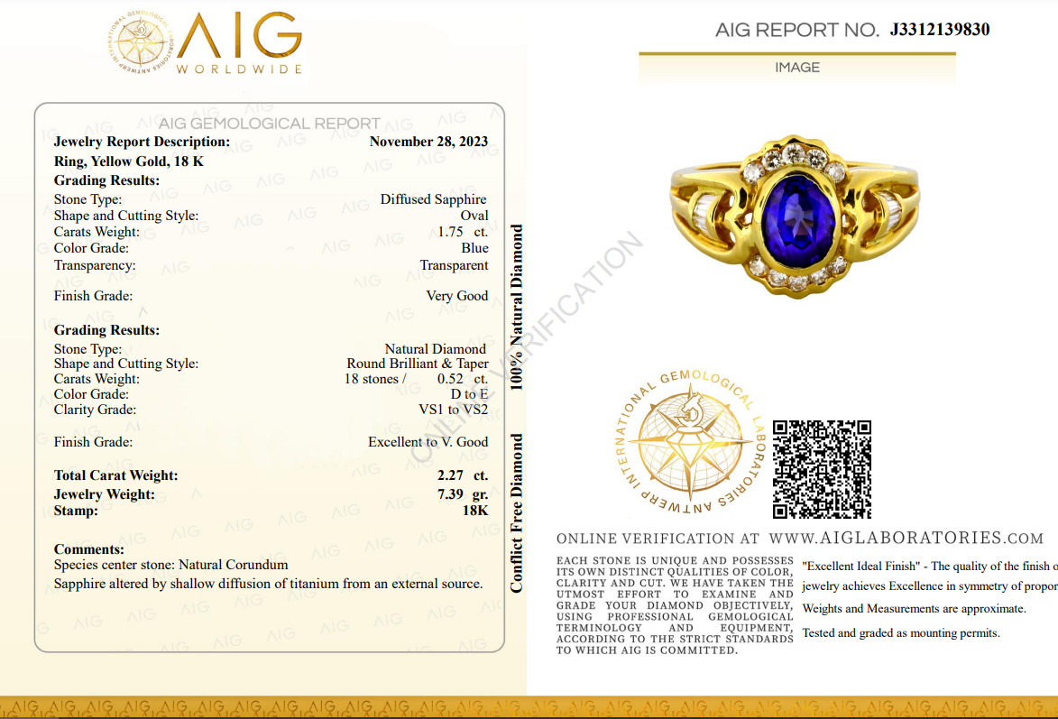 AIG Certified 2.27 CT Diffused Sapphire Diamond Ring Oval Cut 18K Yellow Gold
