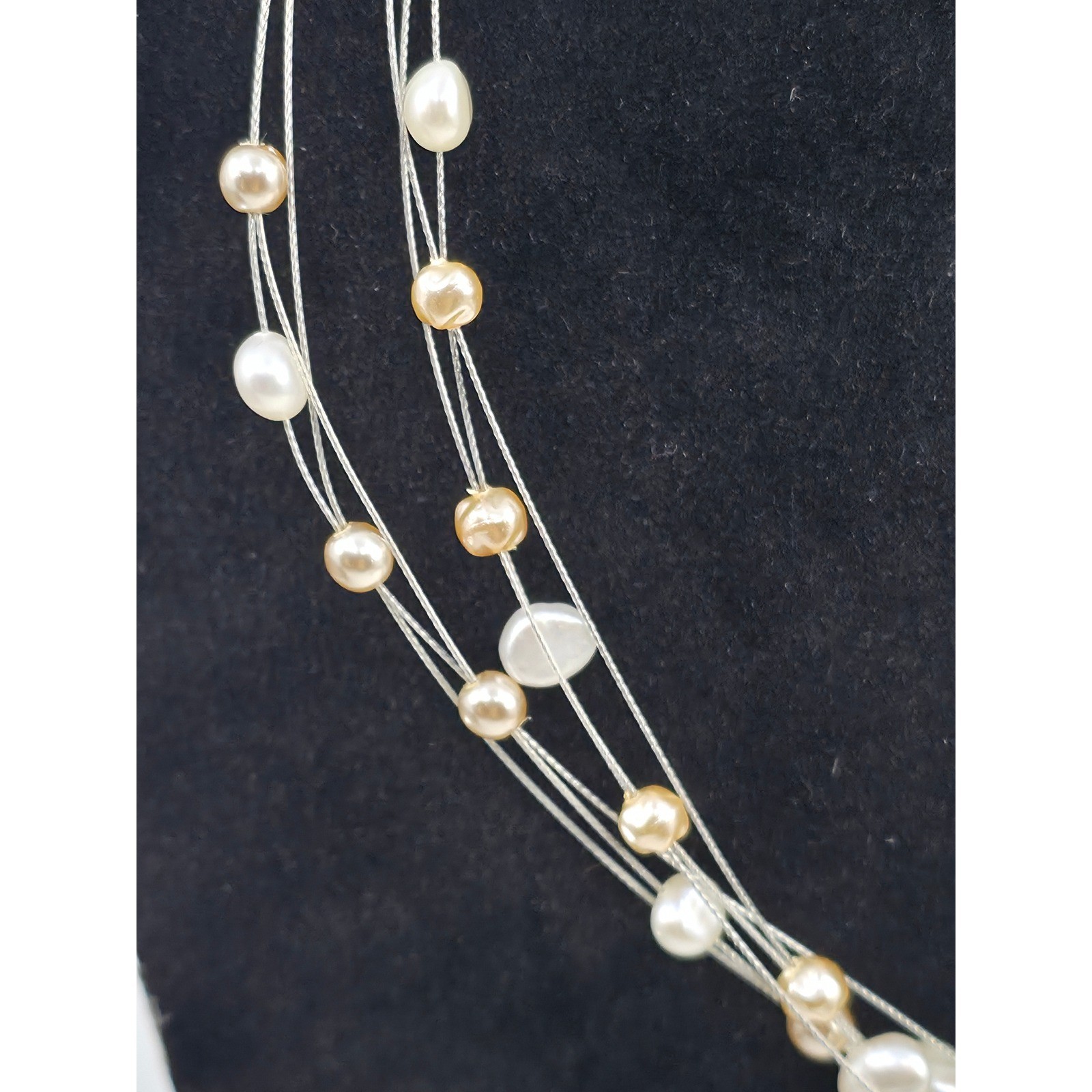 Sterling Silver Floating Pearl Triple Strand Necklace Champagne Cream 16 Inch