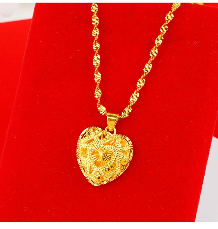Women Hollow Heart Necklace 22k 23k 24k Thai Baht Yellow Gold Gp Necklace