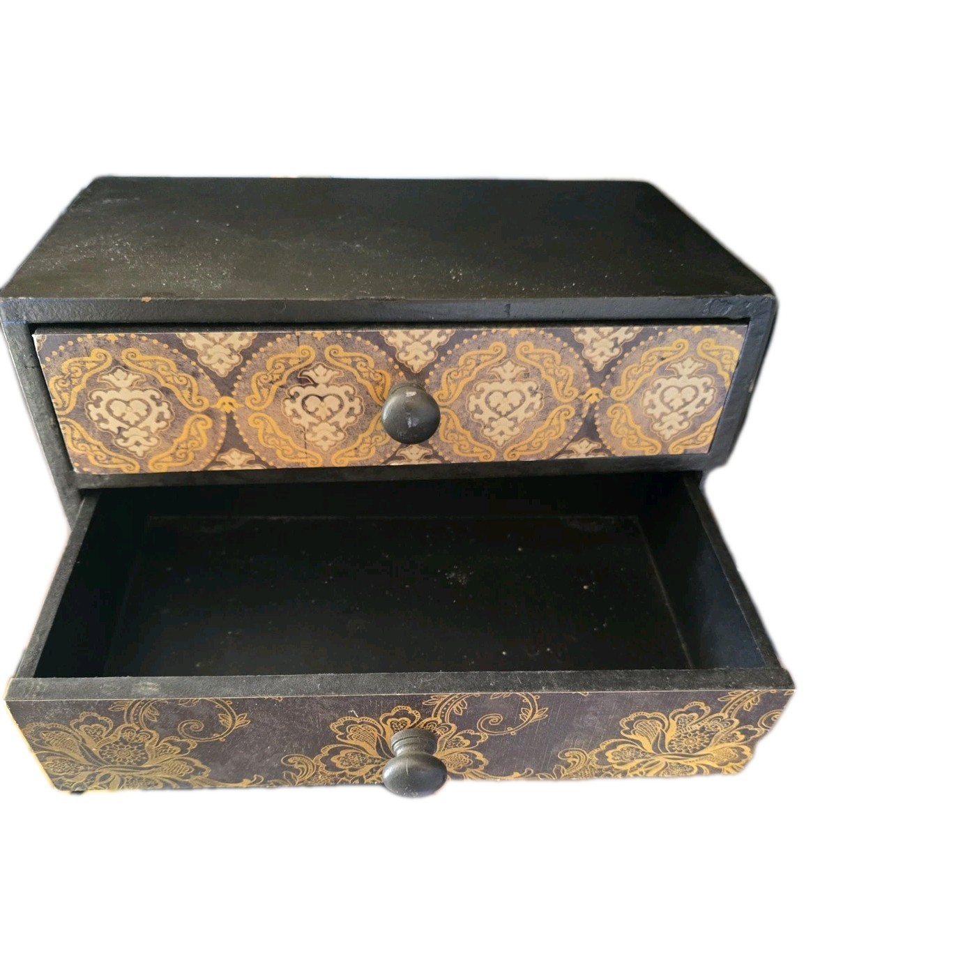 4 Drawer Wooden Storage Box Small Yellow And Brown Aztec Pattern Table Top