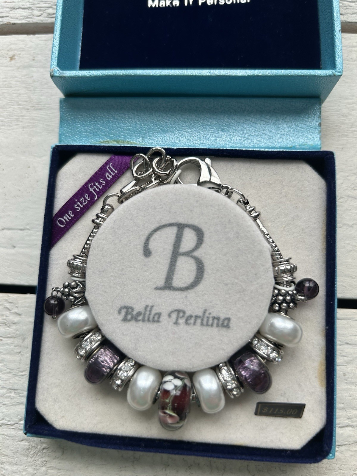 Bella Perlina Silver Tone Charm Bead Bracelet Lobster w/ Pearl Glass Beads