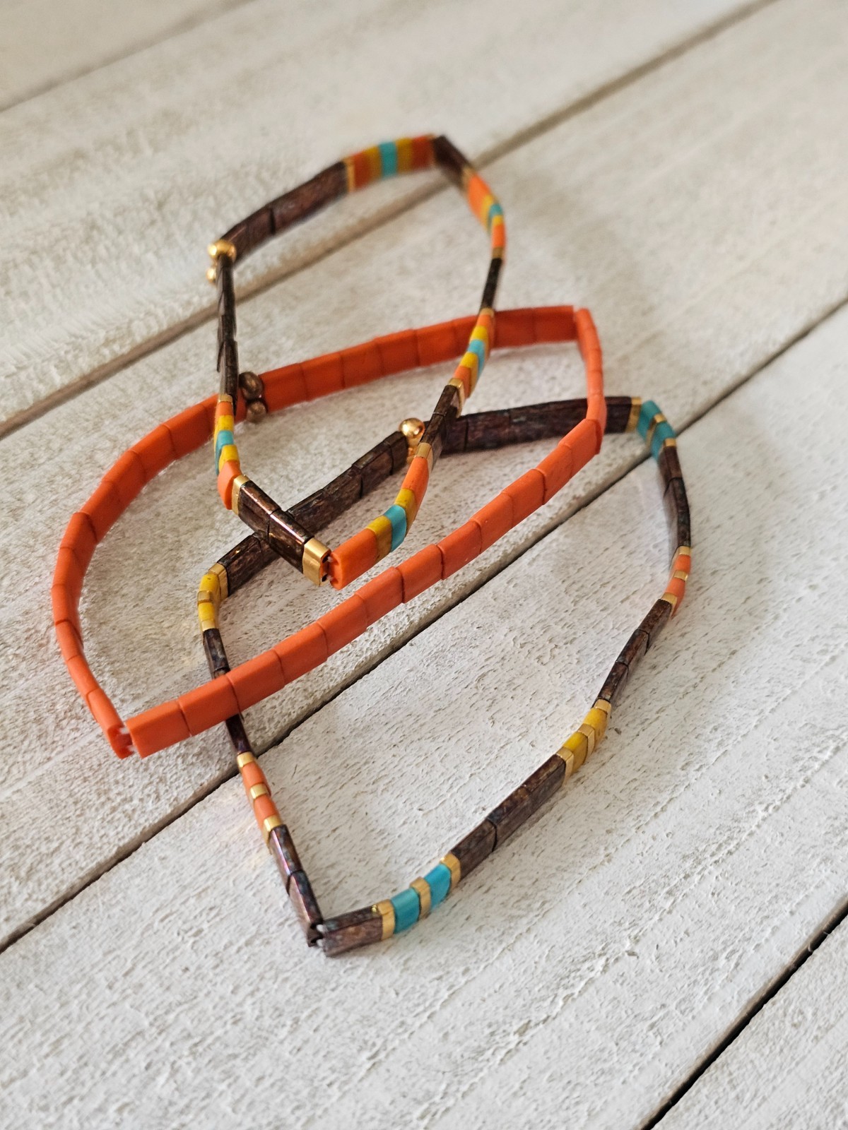 Miyuki Tila Orange Turq Mustard Brown Set Bracelets Glass Tile Stackable NTS6