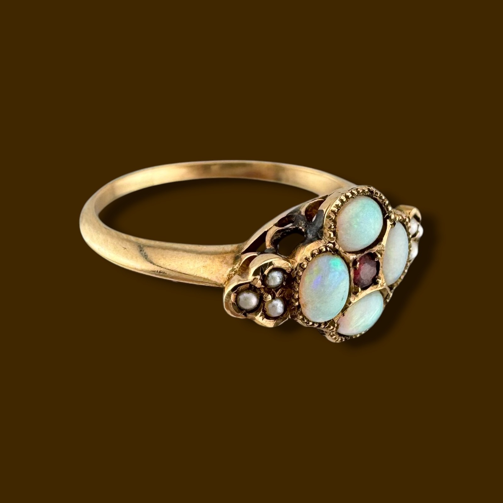 Antique Victorian 9K Yellow Gold Natural Opal & Seed Pearl Cluster Ring Size 5.5