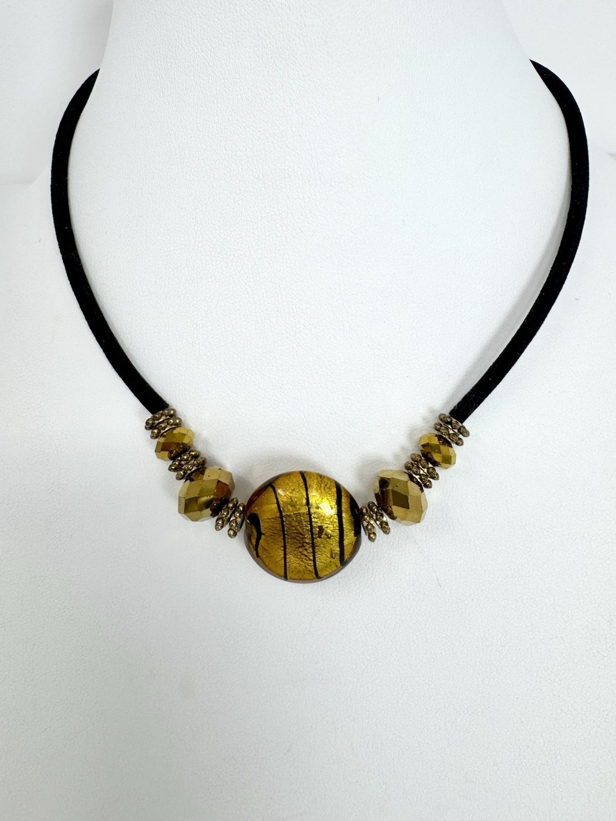 Artisan Murano Style Gold Foil Glass Bead Cord Necklace