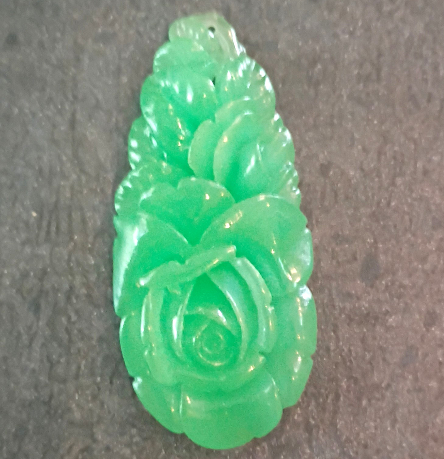 Green Jade Stone Carved Rose Flower Charm Pendant w/ Drilled Hole