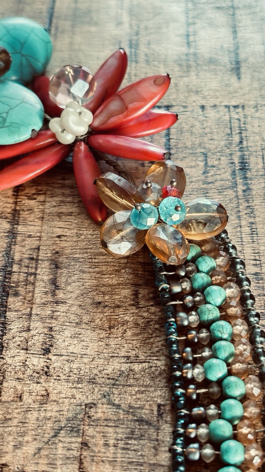 Vintage 2008 Boho Chunky MultiStrand Flower Statement Necklace Turquoise & Coral