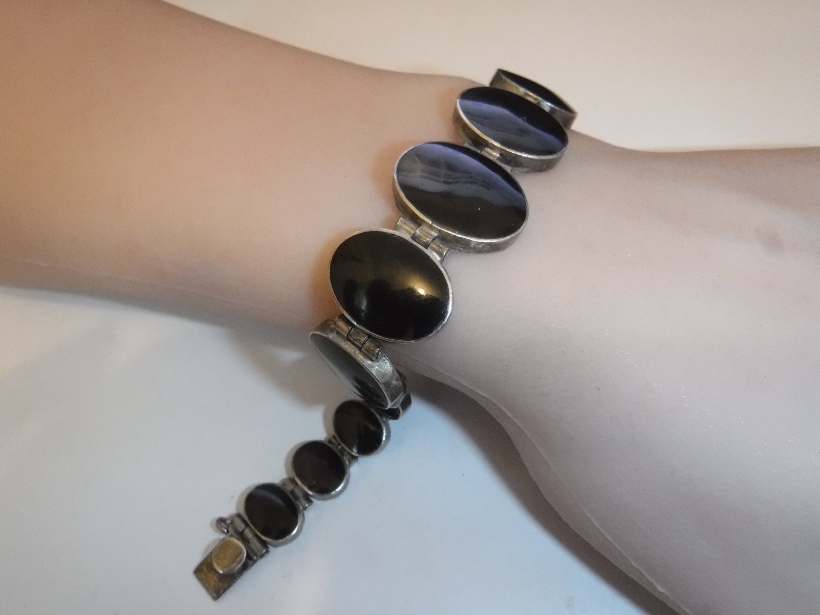 Estate ACLEONI Sterling Silver 980 Oval Link Bracelet Onyx 7 1/2″ Signed