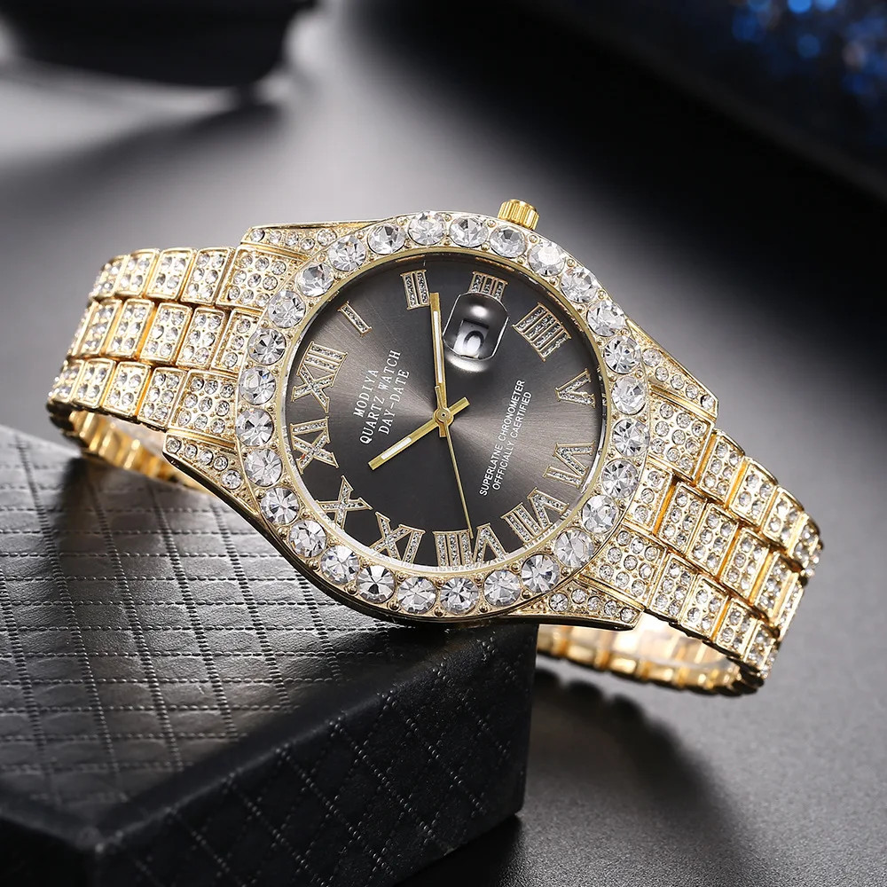 Classic Luxury Golden Men’S Steel Strap Roman Scale Rhinestone Calendar Quartz W