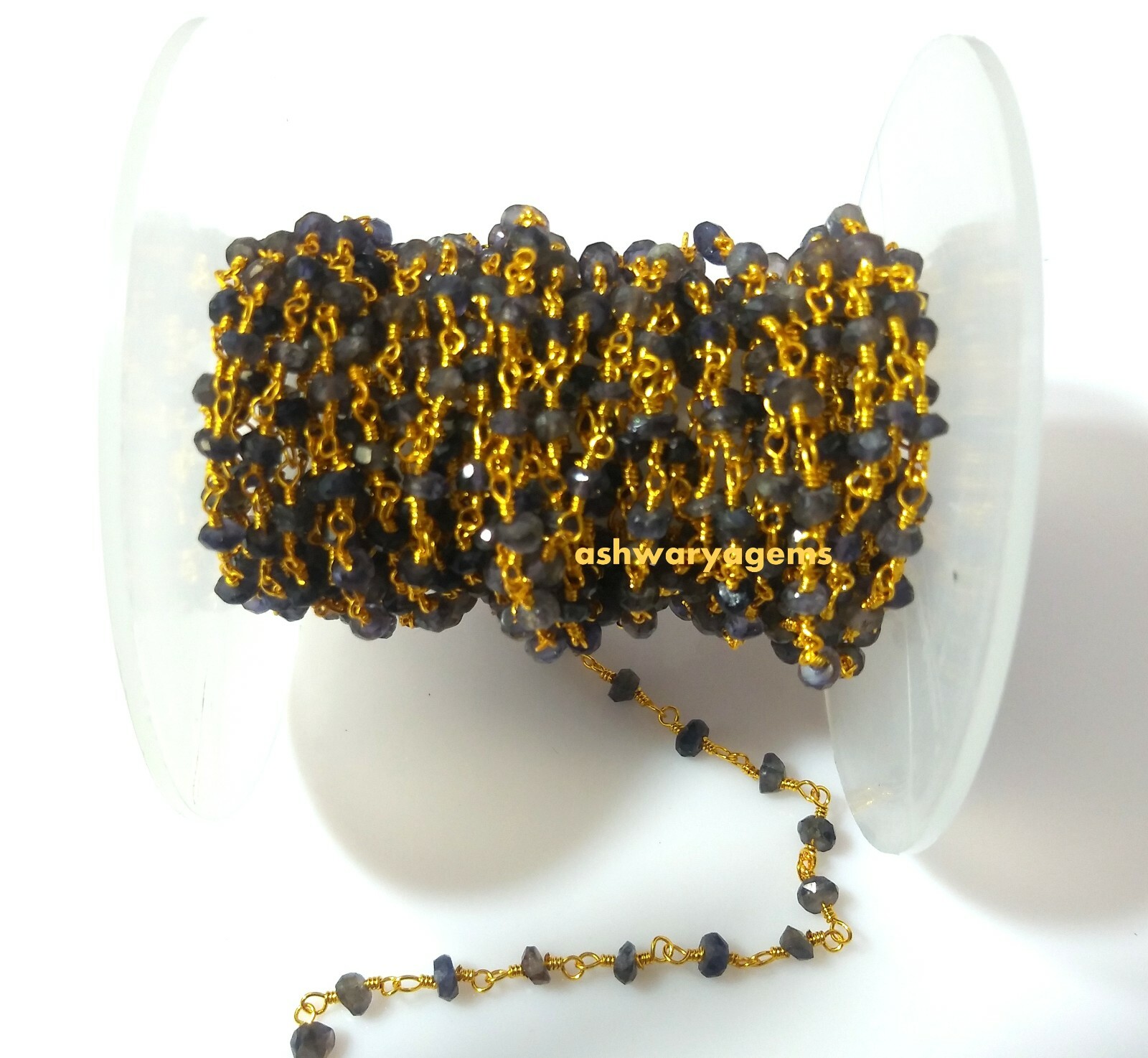 Beaded Chain Iolite Roundelle Faceted 3-4mm Rosary 3 Feet 24k Gold Plated Beads