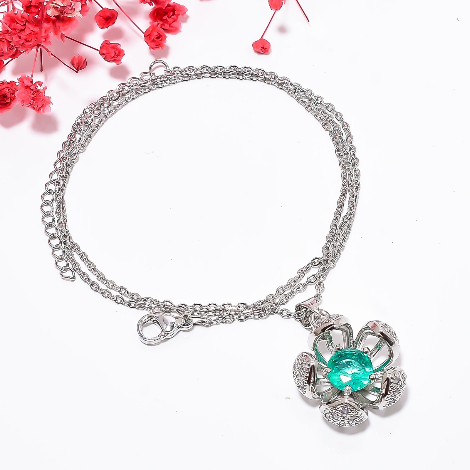 Apatite & Cz 925 Sterling Silver Floral Pendant With Chain 18-20″ CP161322