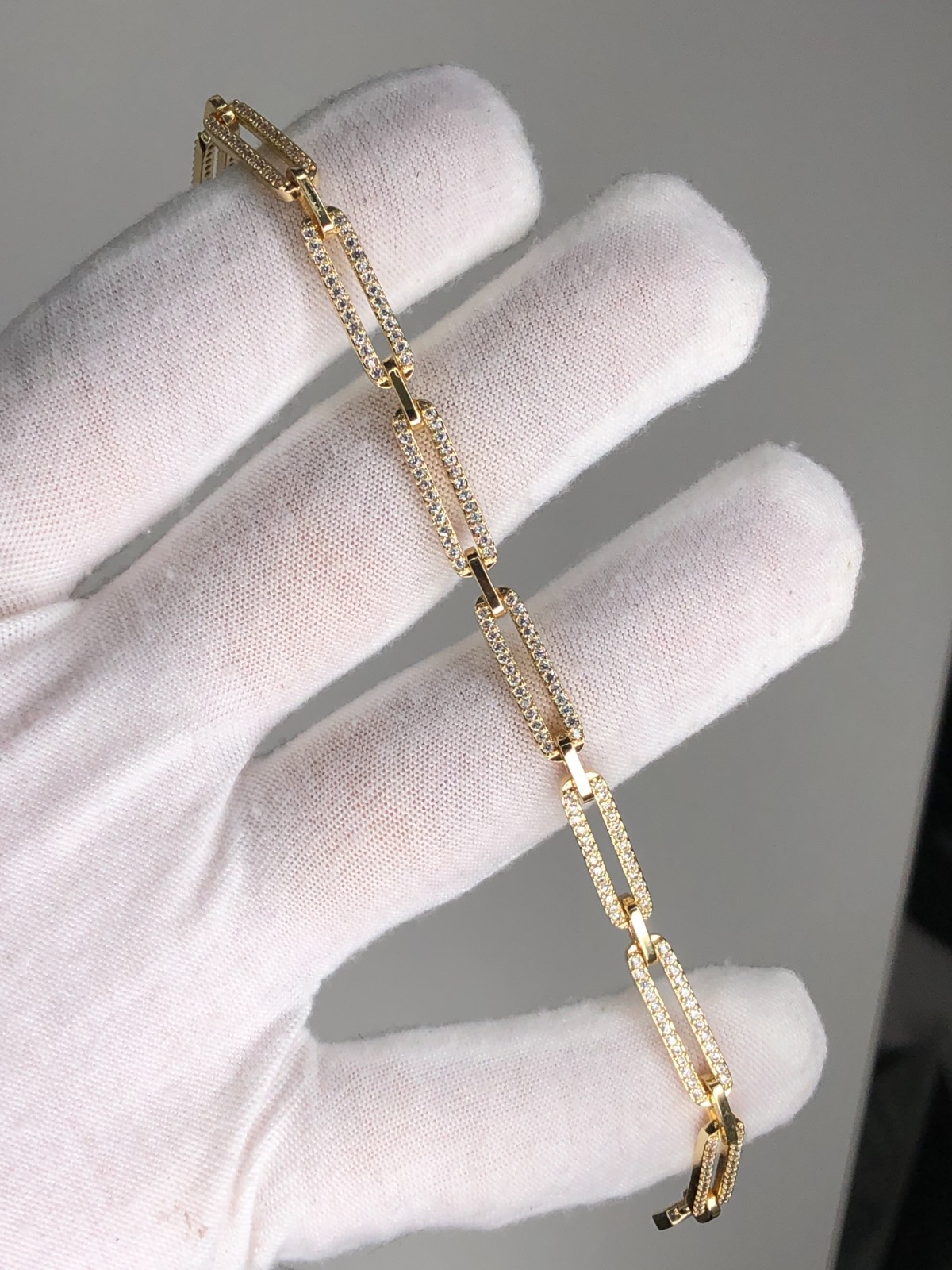 Italian 1/200 14k Yellow Gold Oro Overlay Iced CZ Paperclip Bracelet Pulsera in