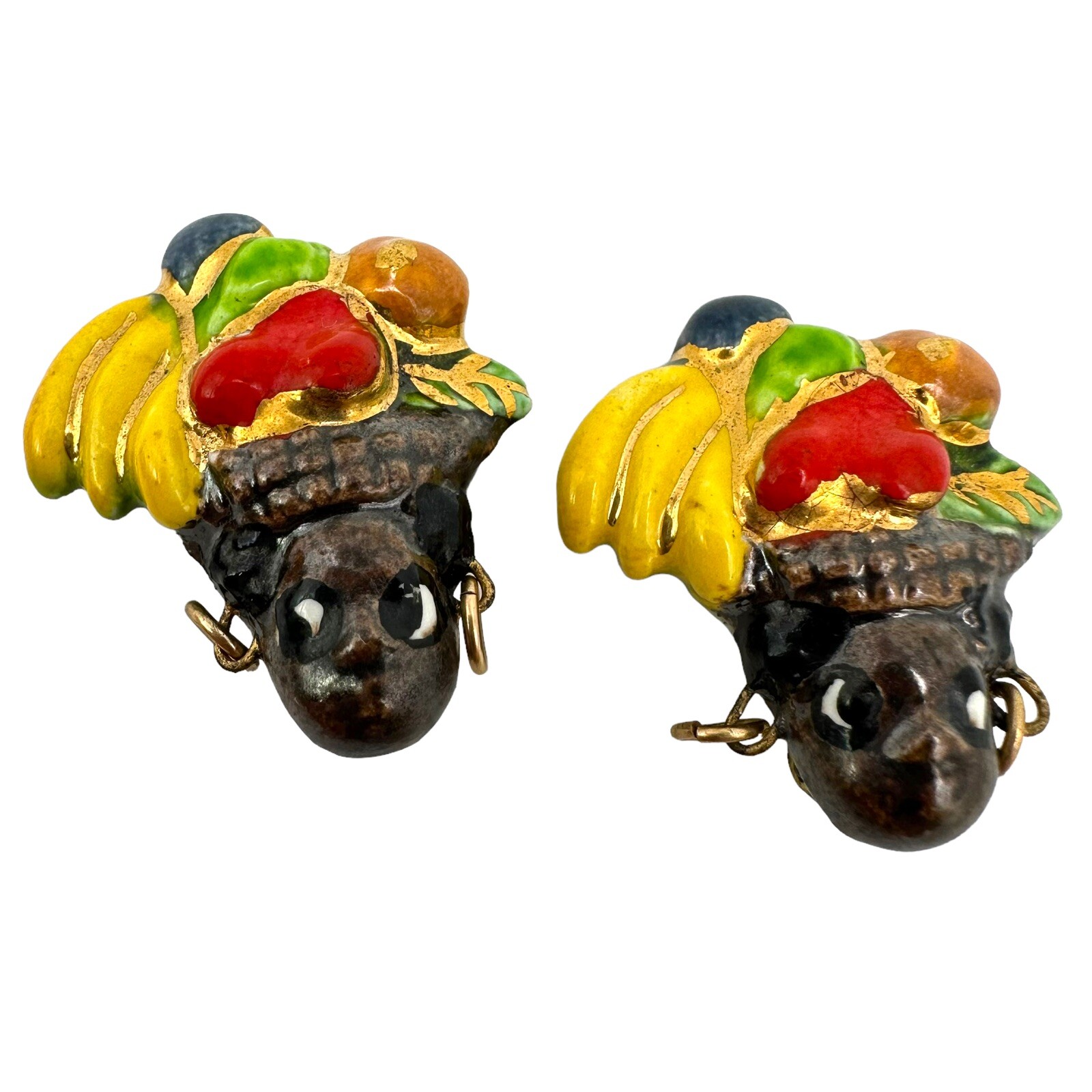 Vtg Ceramic Enamel Carmen Miranda Fruit Headdress Lady Head Clip Earrings