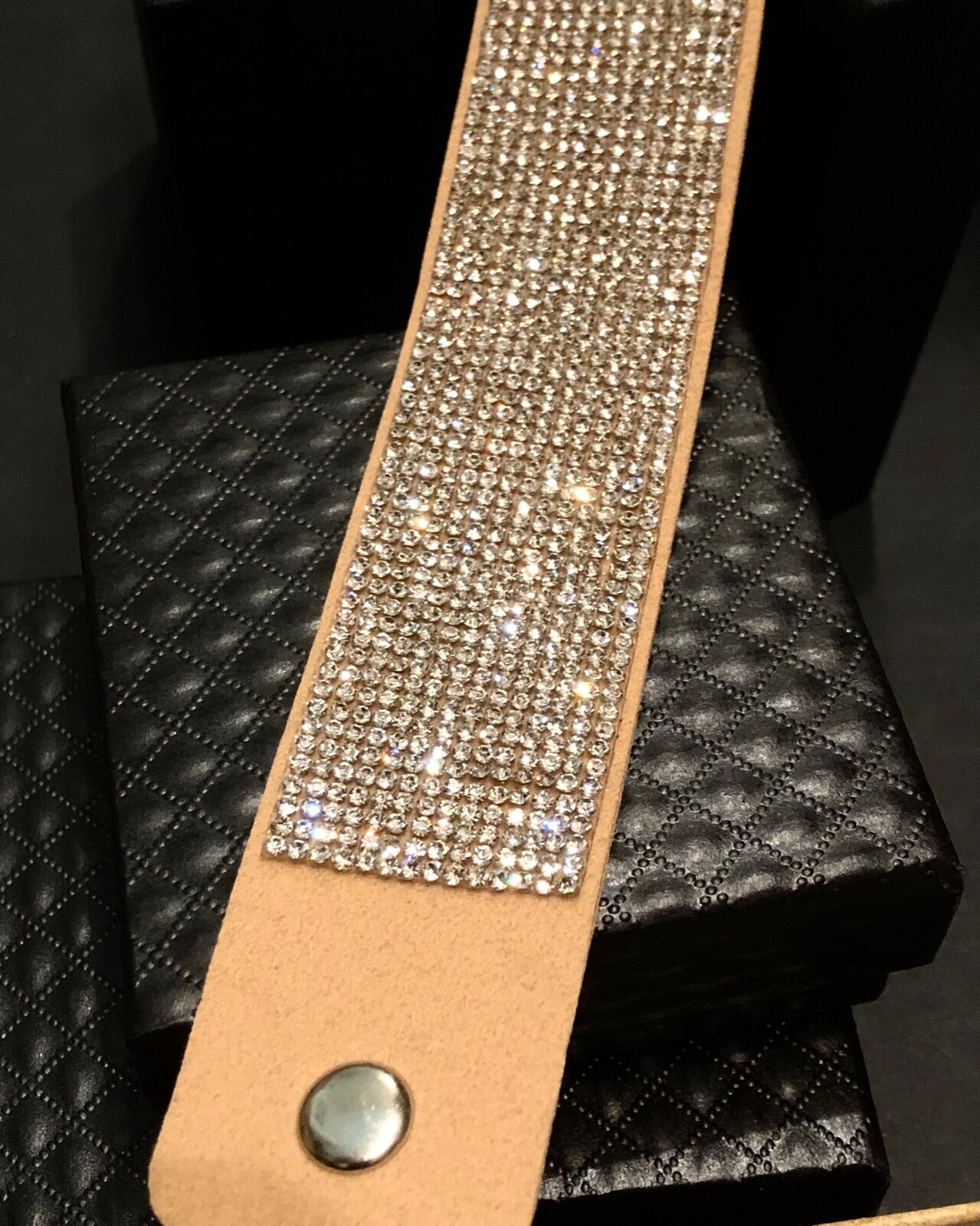 Swarovski Elements Crystal Wrap Bracelet Tan Alcantara Leather Wide Bling Cuff