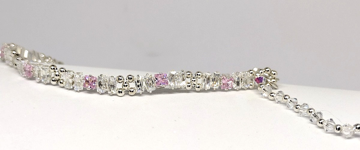 7-inch Bracelet Rectangle Stack – 2x4mm White, 3mm PINK Square Prong-Sets