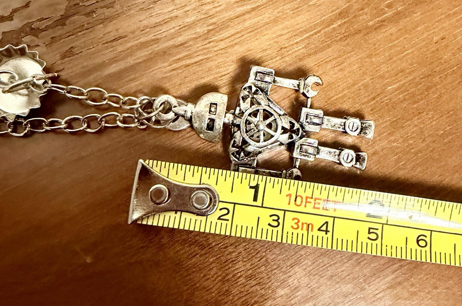 Vintage Articulated Robot Charm Necklace Silvertone Key & Bottle cap