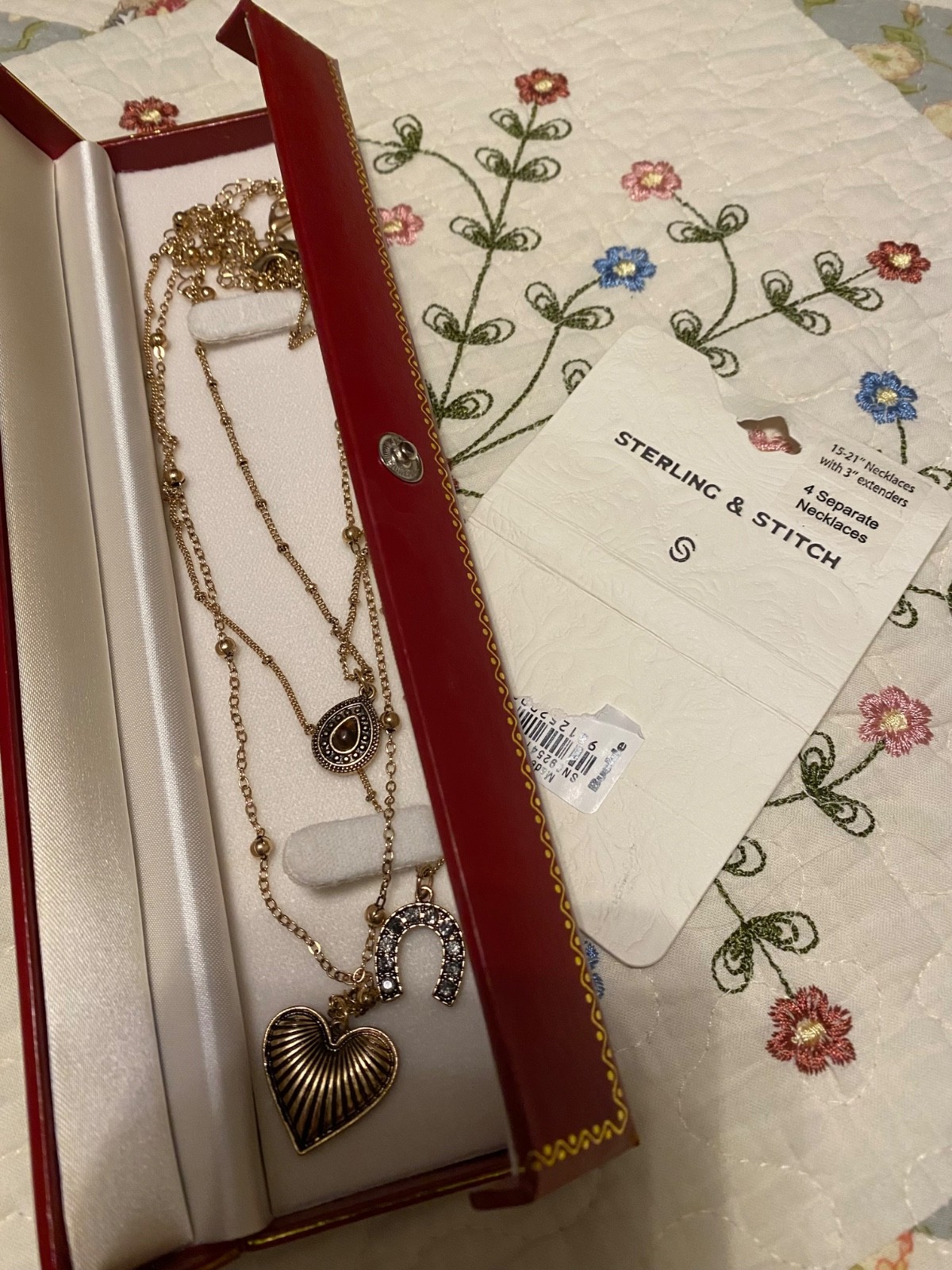3 NEW BUCKLE Sterling & Stitch Necklaces Gold Chains Heart Horse shoe Tear drop