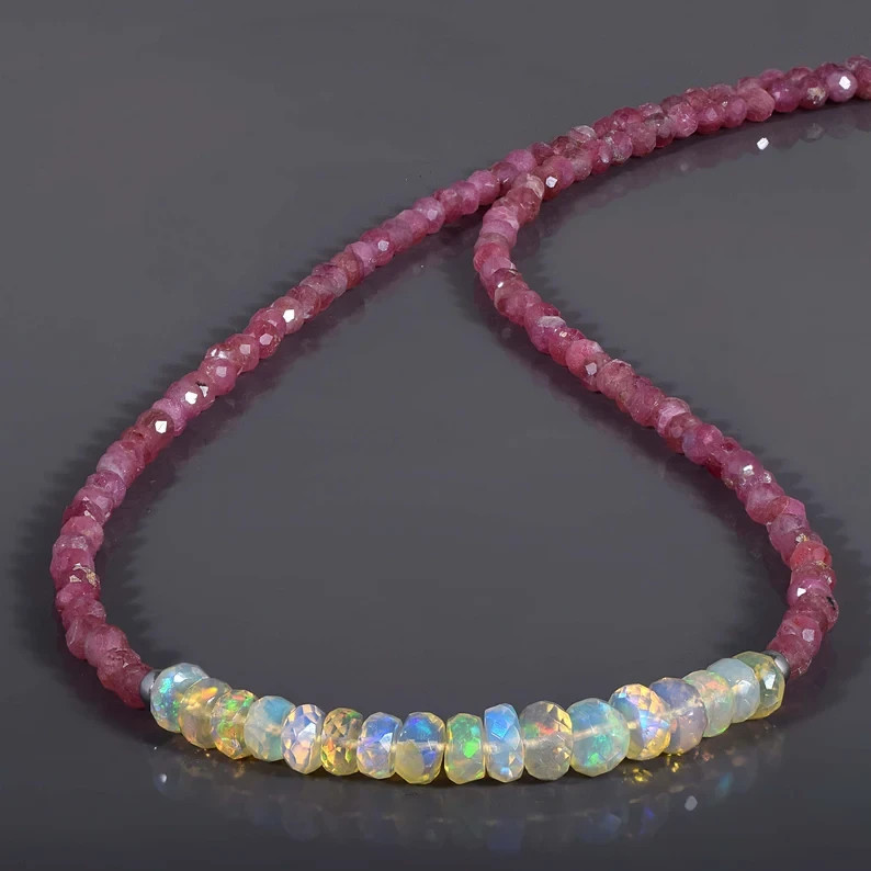 Natural Welo Fire Opal Pink Tourmaline Beaded Necklace 925 Silver 18 in Handmade