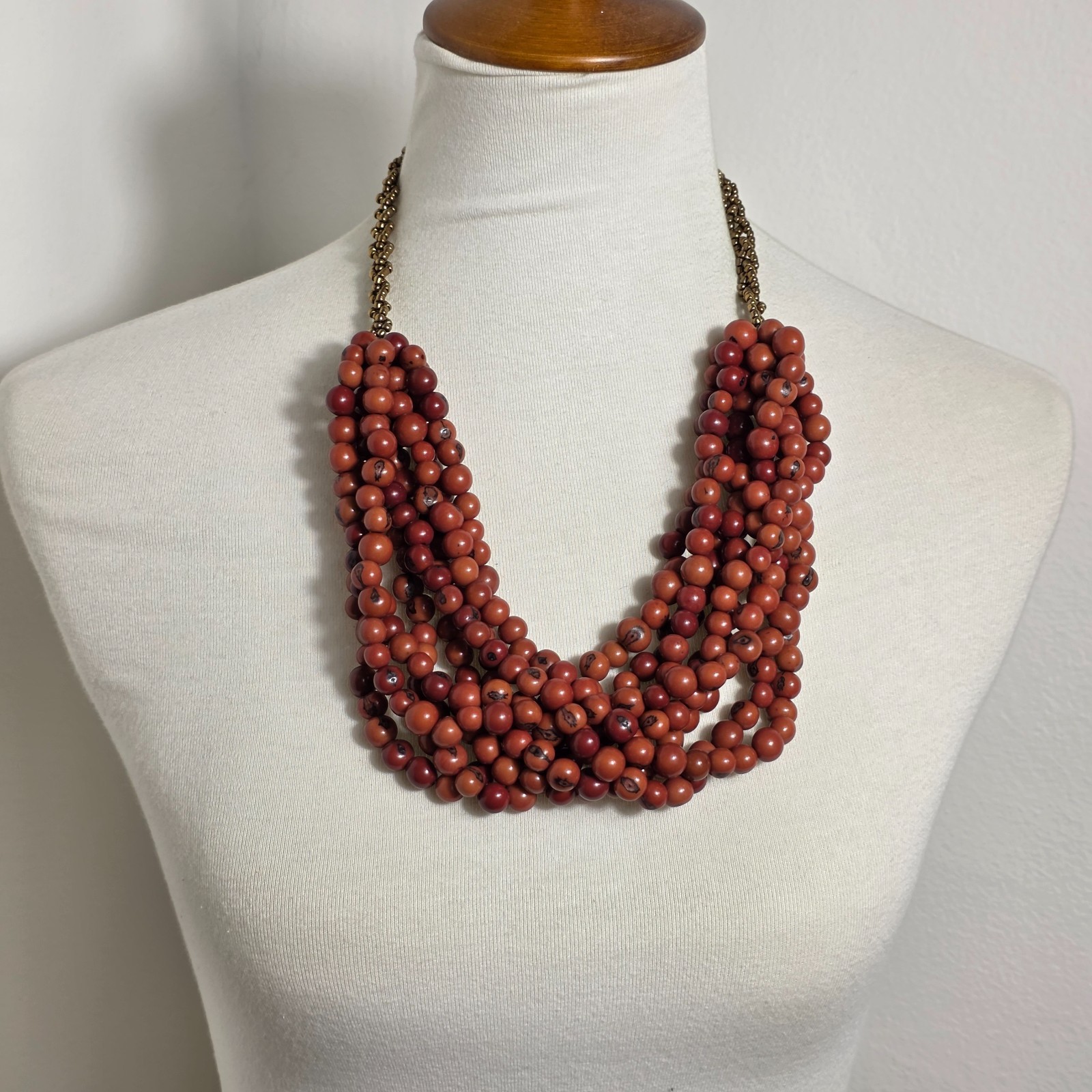 Multi-Strand Dyed Coral Colored Acai Seed Bead Necklace Gold Seed Bead Accents