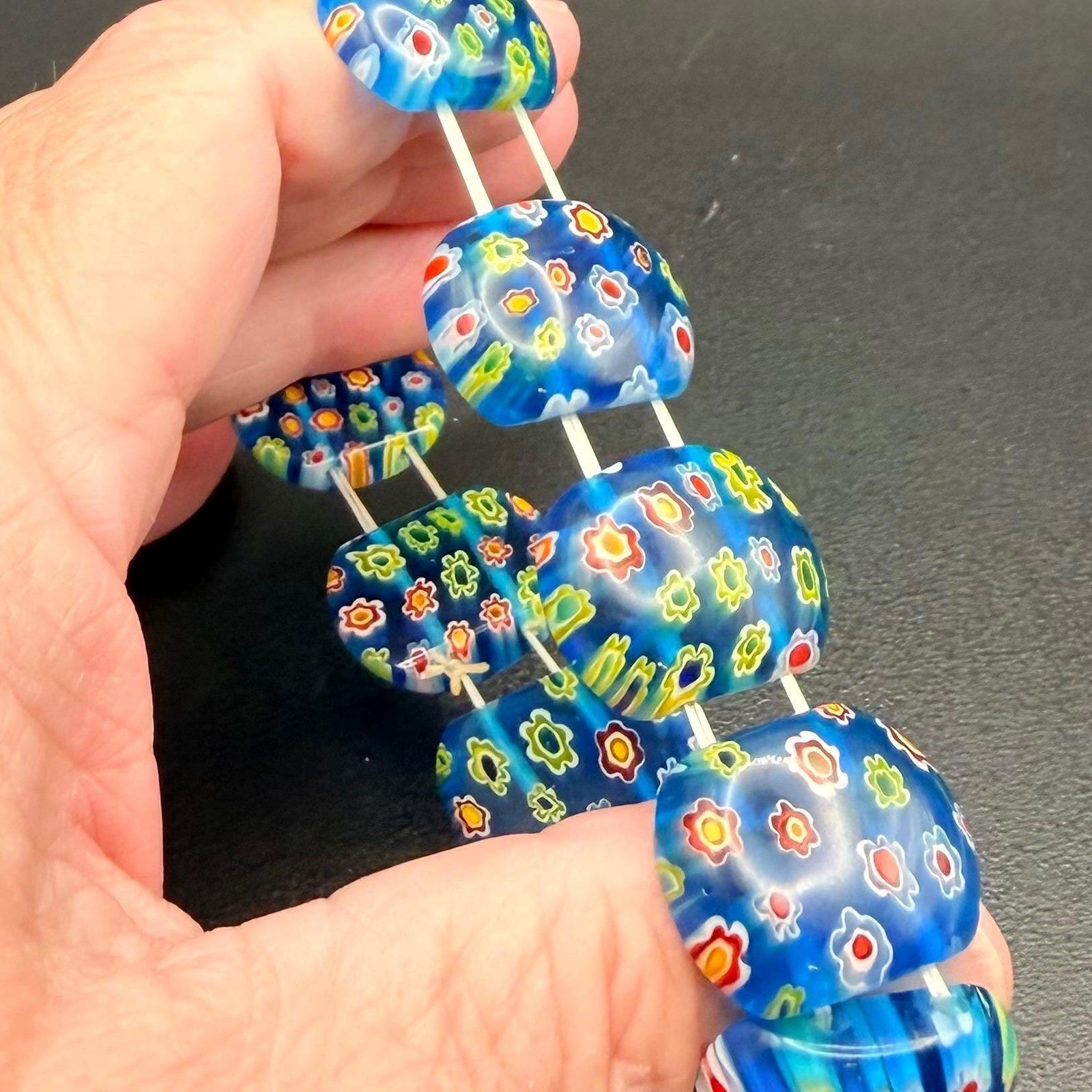 Millefiori Glass Stretch Bracelet Blue Floral Beads Vivid Colors 7″ Caned Glass