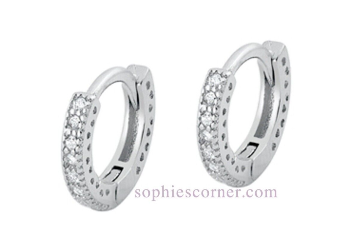 Genuine Pave Diamond Huggie Hoop Earrings – Solid Sterling Silver – Tween -Teen