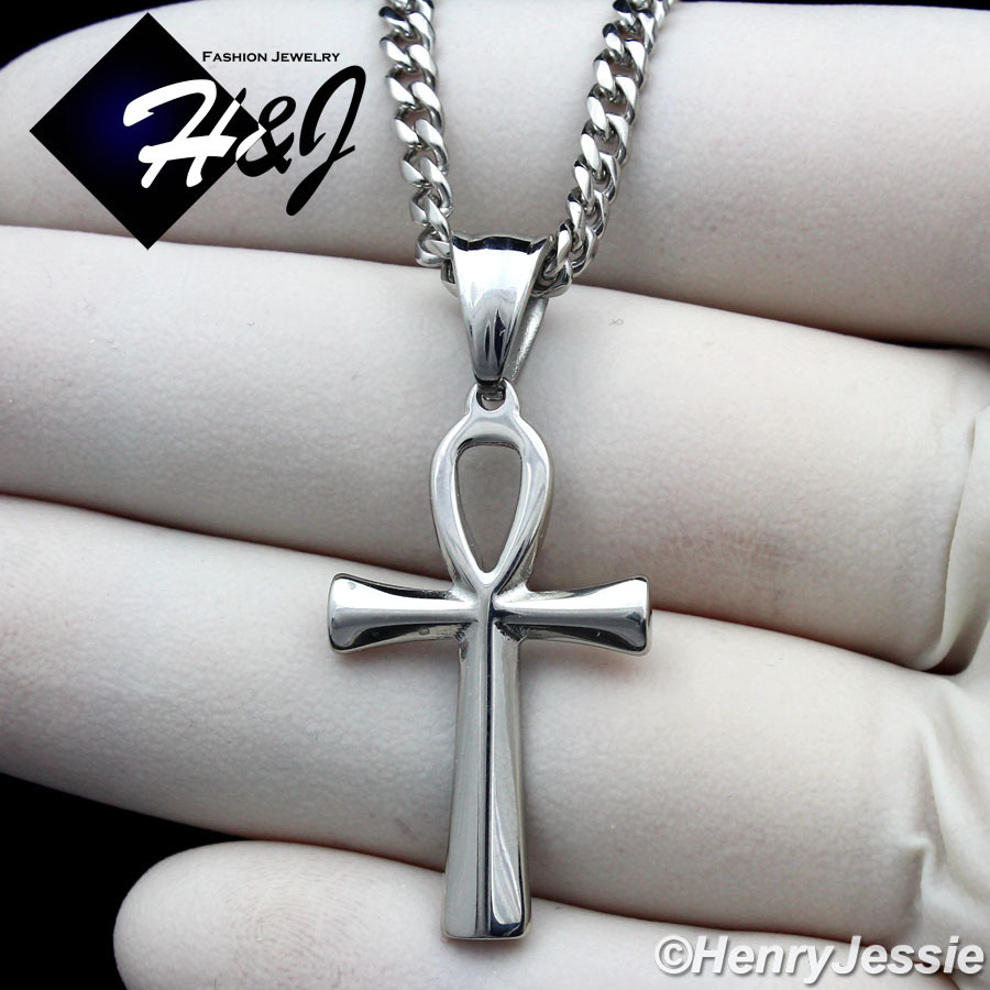 18-36″MEN Stainless Steel 3mm Silver Cuban Curb Necklace Ankh Cross Pendant*P112