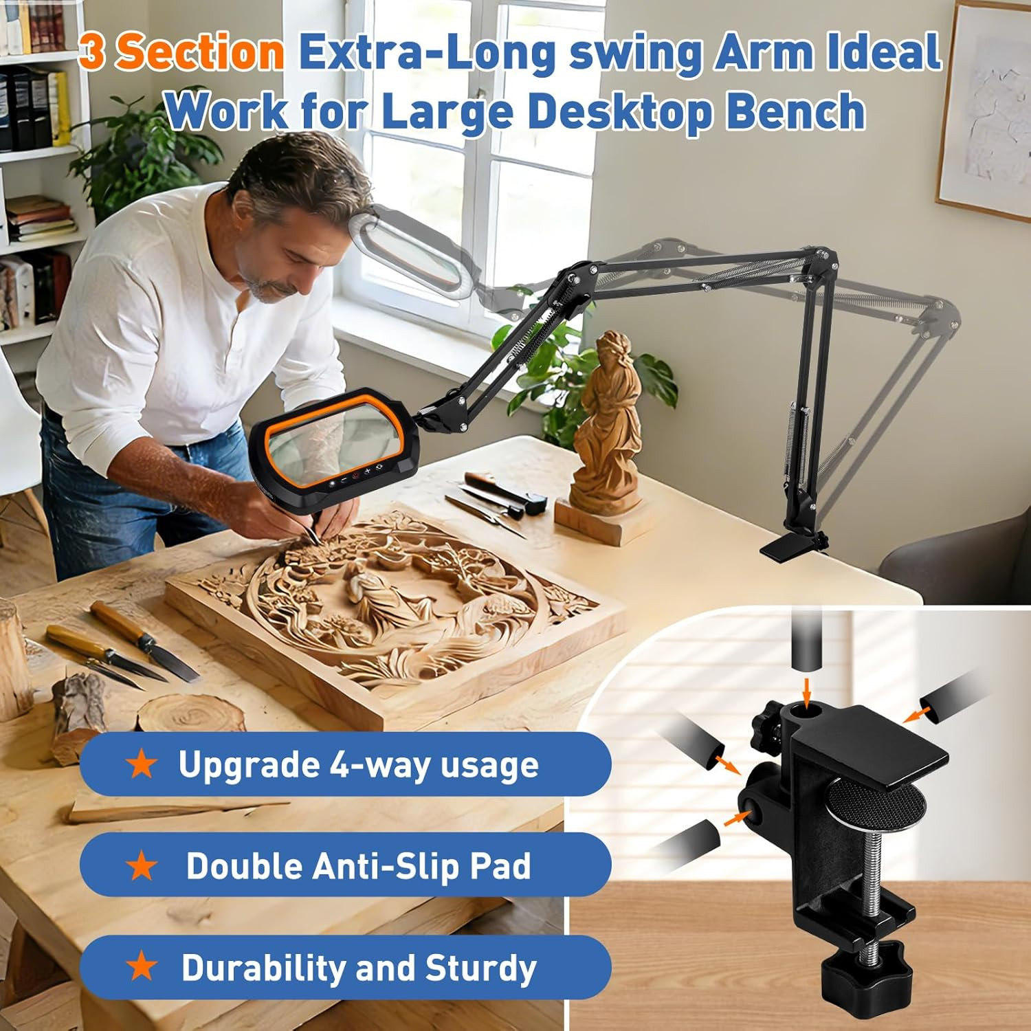 12X Square Magnifying Glass with Light and Clamp, Hands-Free Lighted Stand with