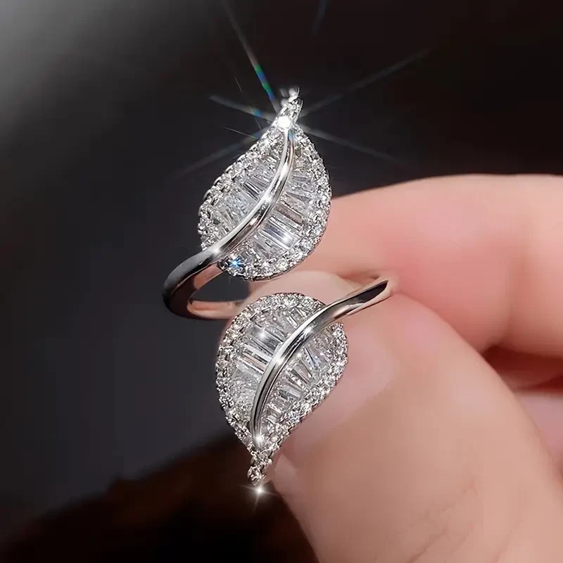 925 Sterling Silver White Topaz Leaves Wedding Engagement Ring One Size Fit All