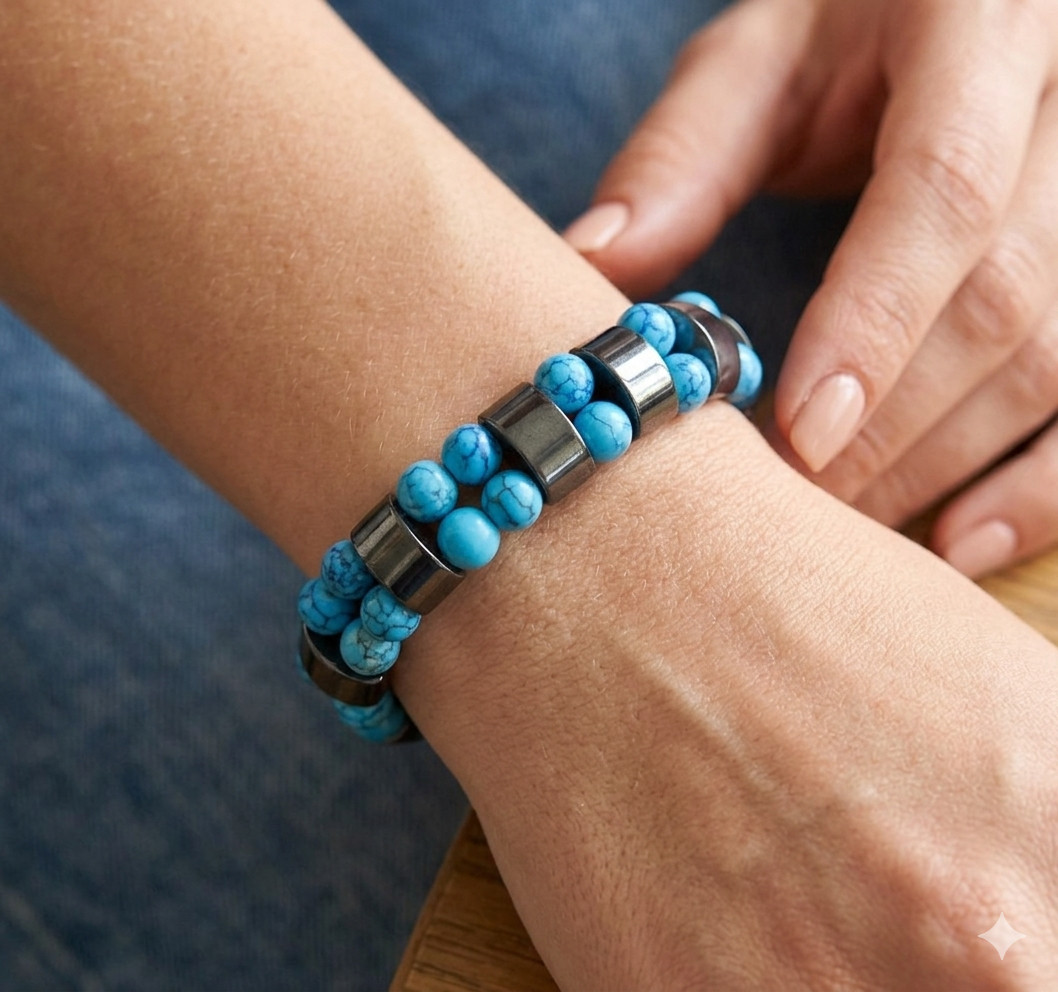 Magnetic Hematite Healing Stretchable Bracelet 2 Line Bracelet Turquoise