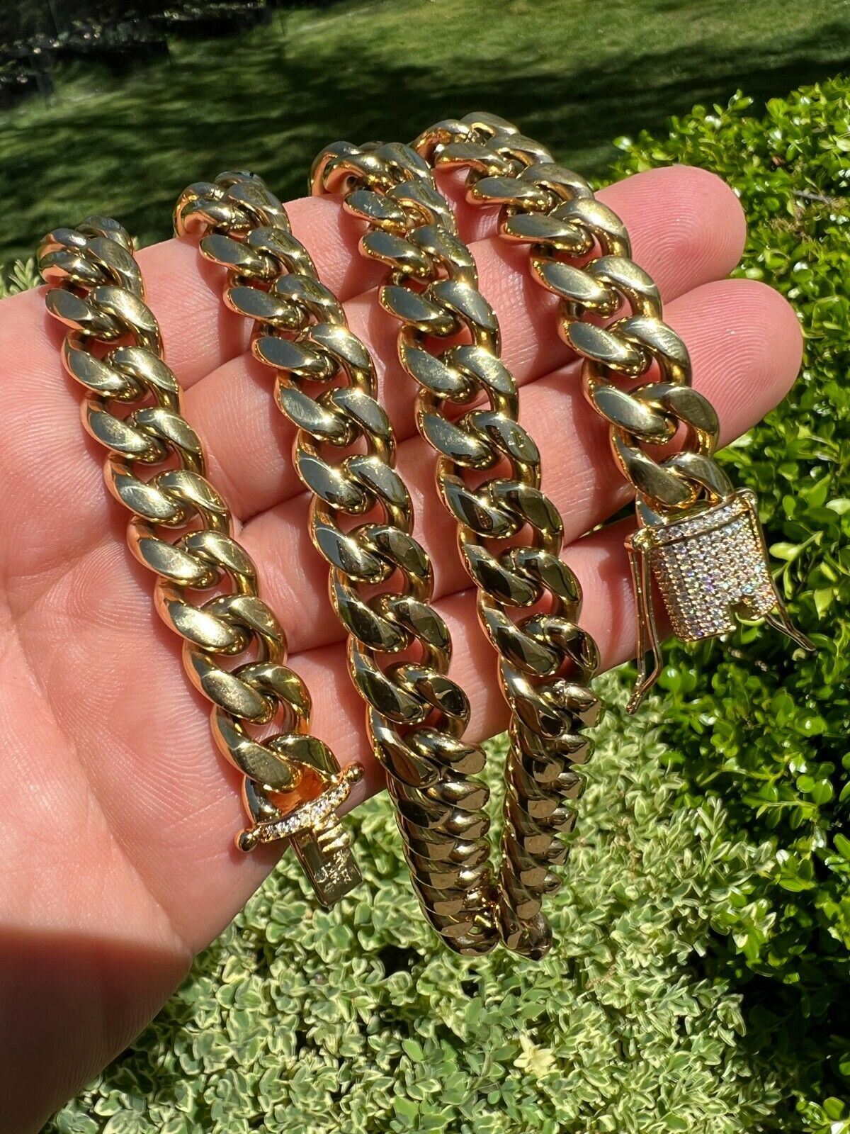 Miami Cuban Link Chain W. 1ct CZ Iced Clasp 14k Yellow Gold Plated Stainless
