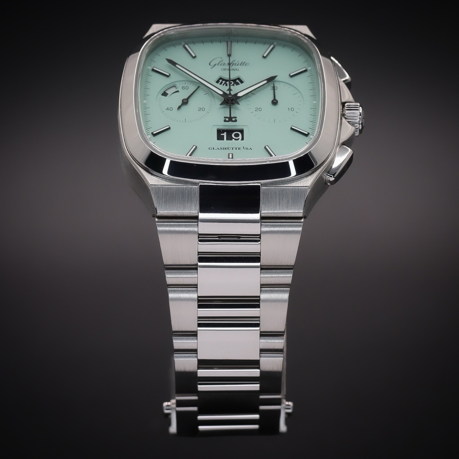 GLASHÜTTE Seventies Chrono Panorama Date Turquoise 1-37-02-15-02-70 Full Set