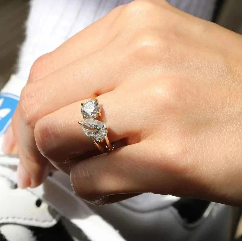 2Ct Pear/ Round Cut Lab Created Diamond Toi Et Moi Wedding Ring 14K Gold Plated