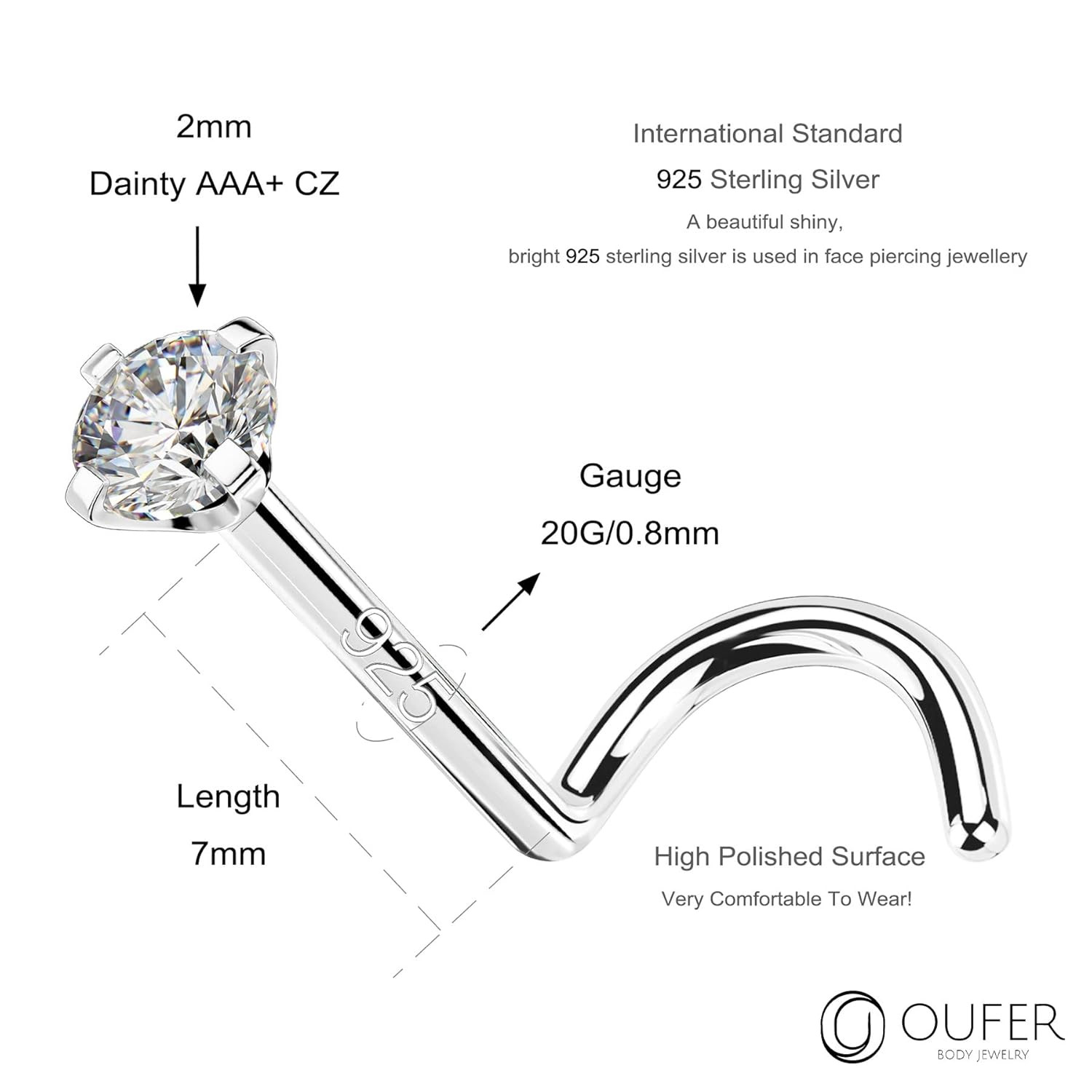 925 Sterling Silver Nose Stud, Bone L Screw Shaped Nose Rings, 20G Nostril Solid